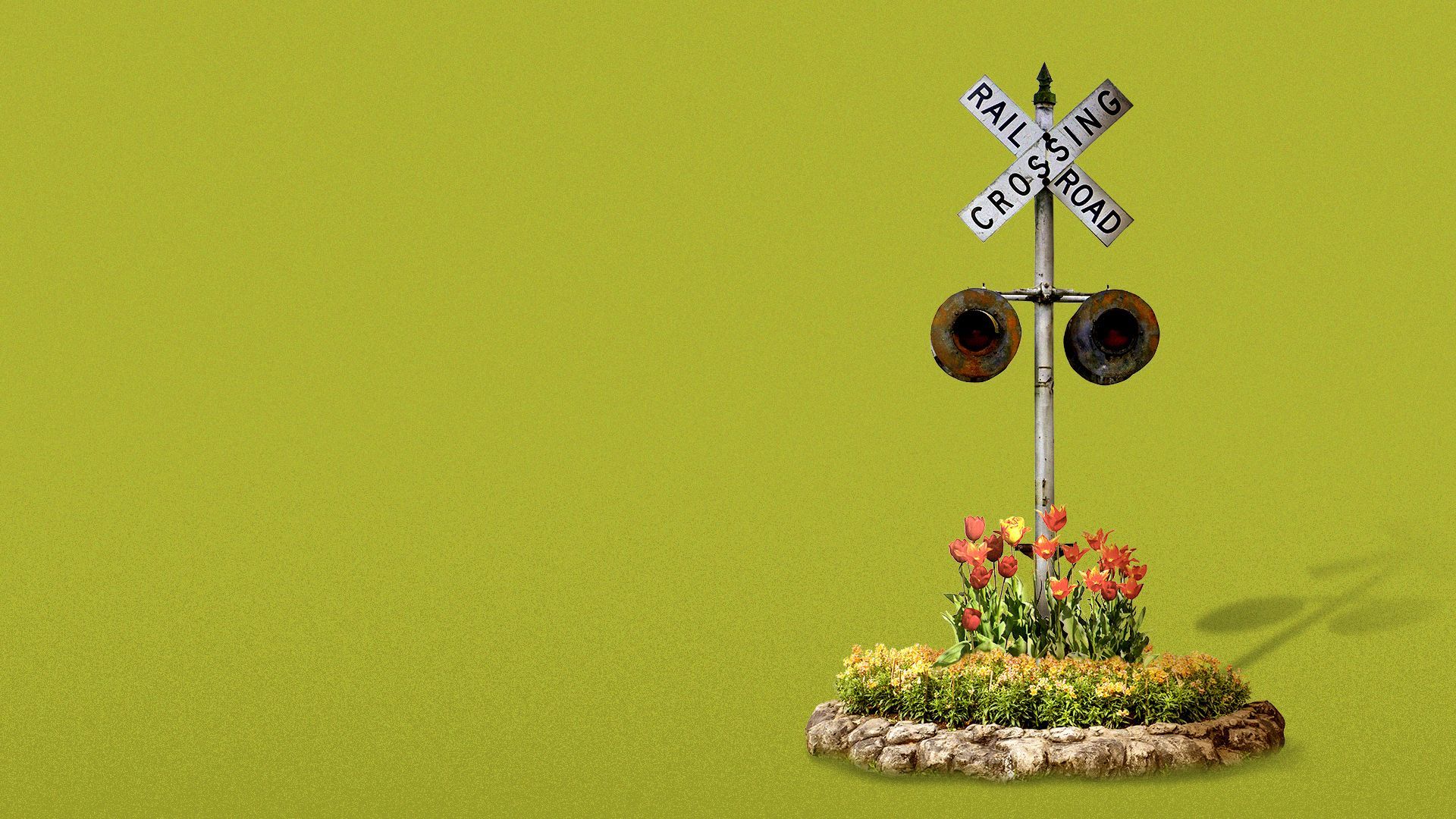 Illustration of a railroad crossing sign standing in a flower bed.