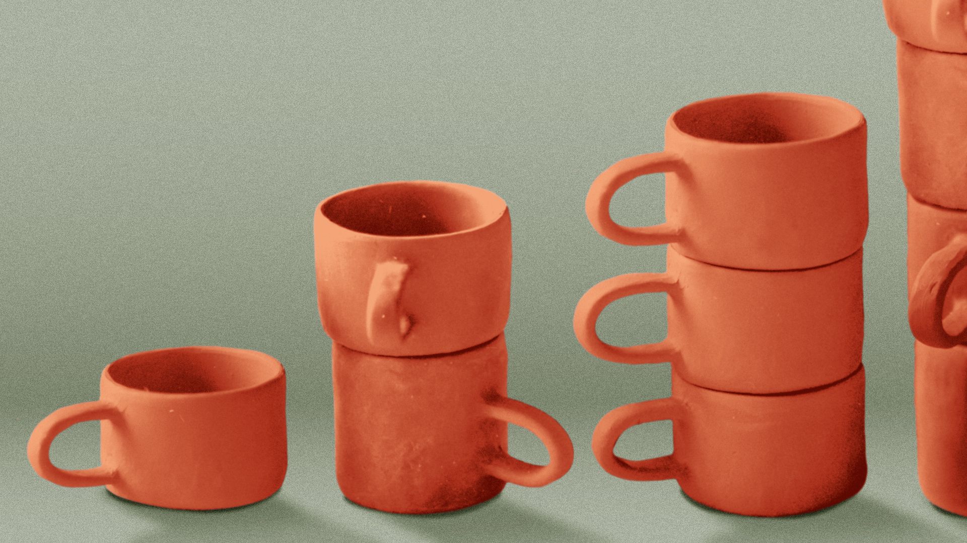 Illustration of a series of stacks of coffee mugs made out of clay, increasing in number from left to right.
