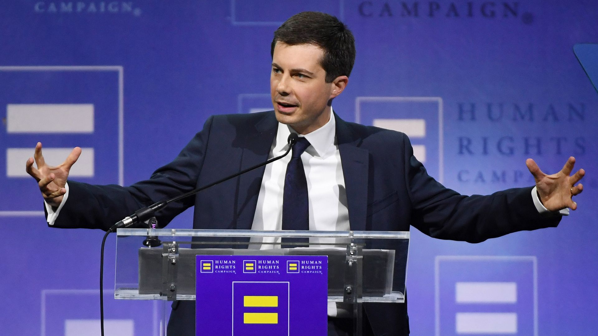 South Bend, Indiana Mayor Pete Buttigieg delivers a keynote address at the Human Rights Campaign's (HRC) 14th annual Las Vegas Gala at Caesars Palace on May 11, 2019 in Las Vegas, Nevada. 