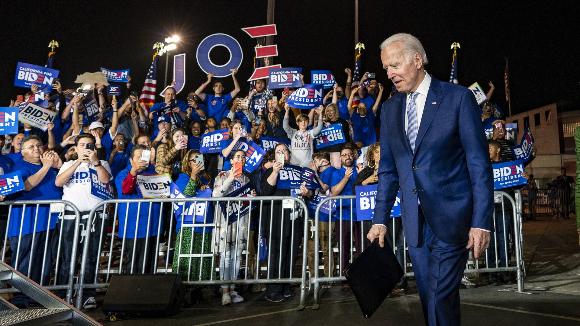 Former Vice President and Democratic presidential candidate Joe Biden arrives at a campaign rally in Los Angeles
