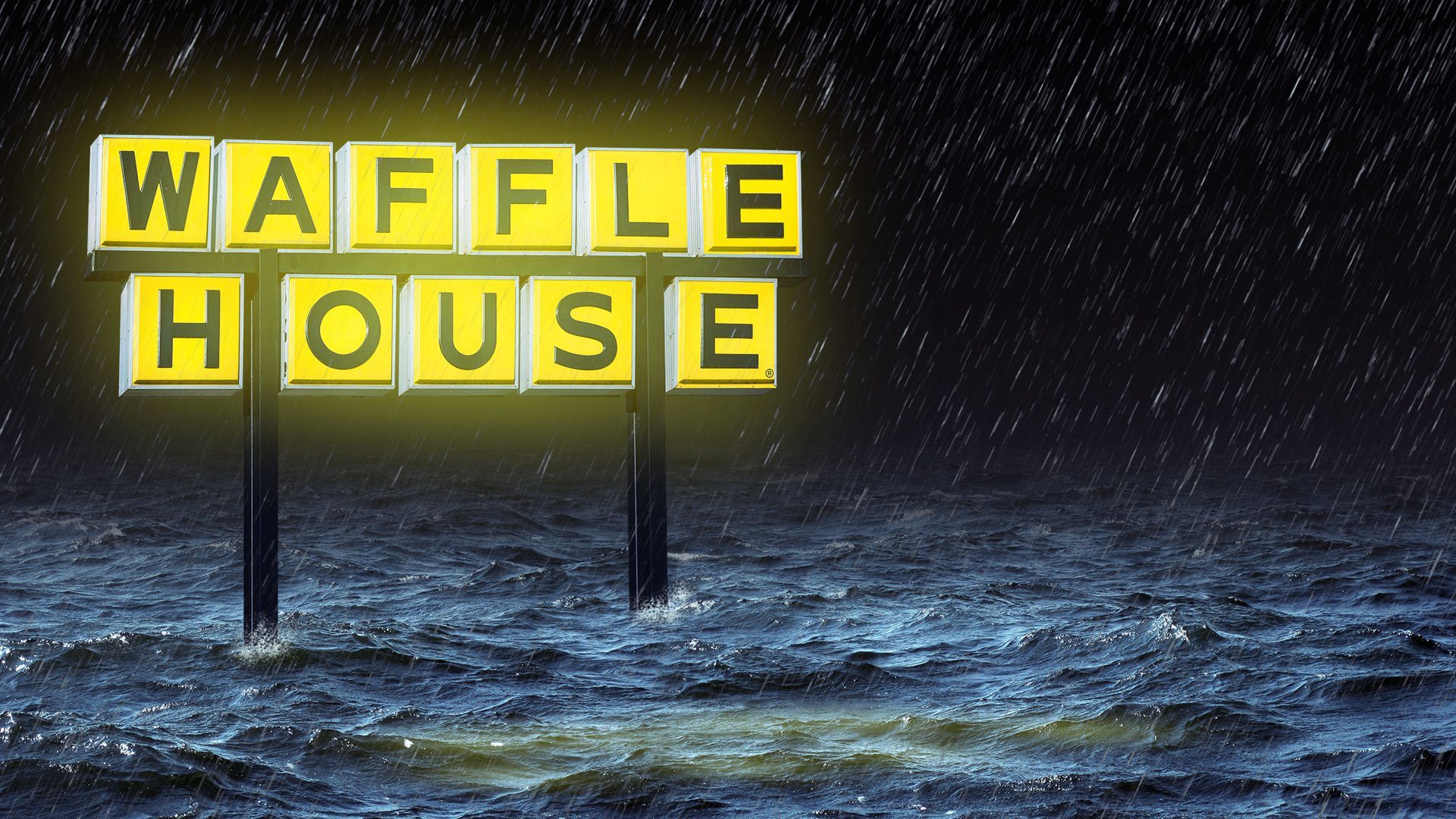 Illustration of a Waffle House sign above rising water in a storm, lit up and glowing. 