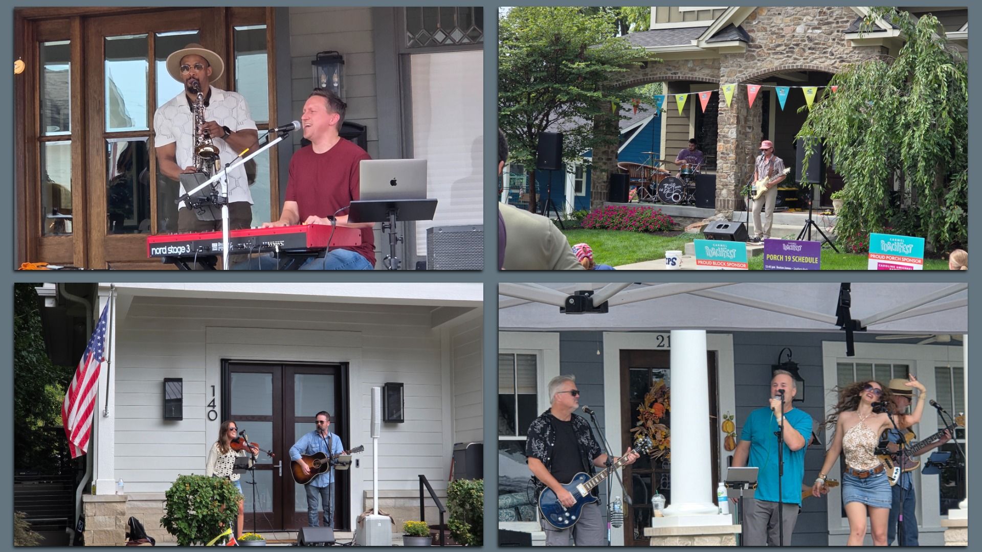 Collage of outdoor musical performances: saxophonist and keyboardist on a porch; band under bunting on a stone house; violinist and guitarist on a porch; singers and guitarist on a front yard.
