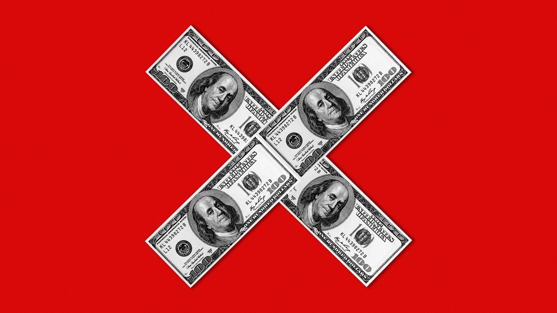 Illustration of an "X" made of hundred dollar bills.