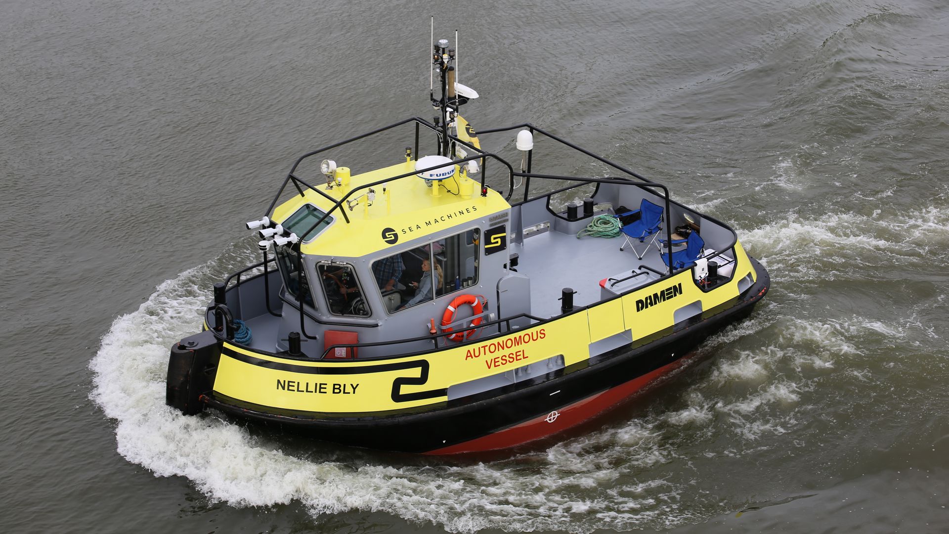 The Nellie Bly, a standard  11-foot tugboat that's been retrofitted to operate autonomously. 