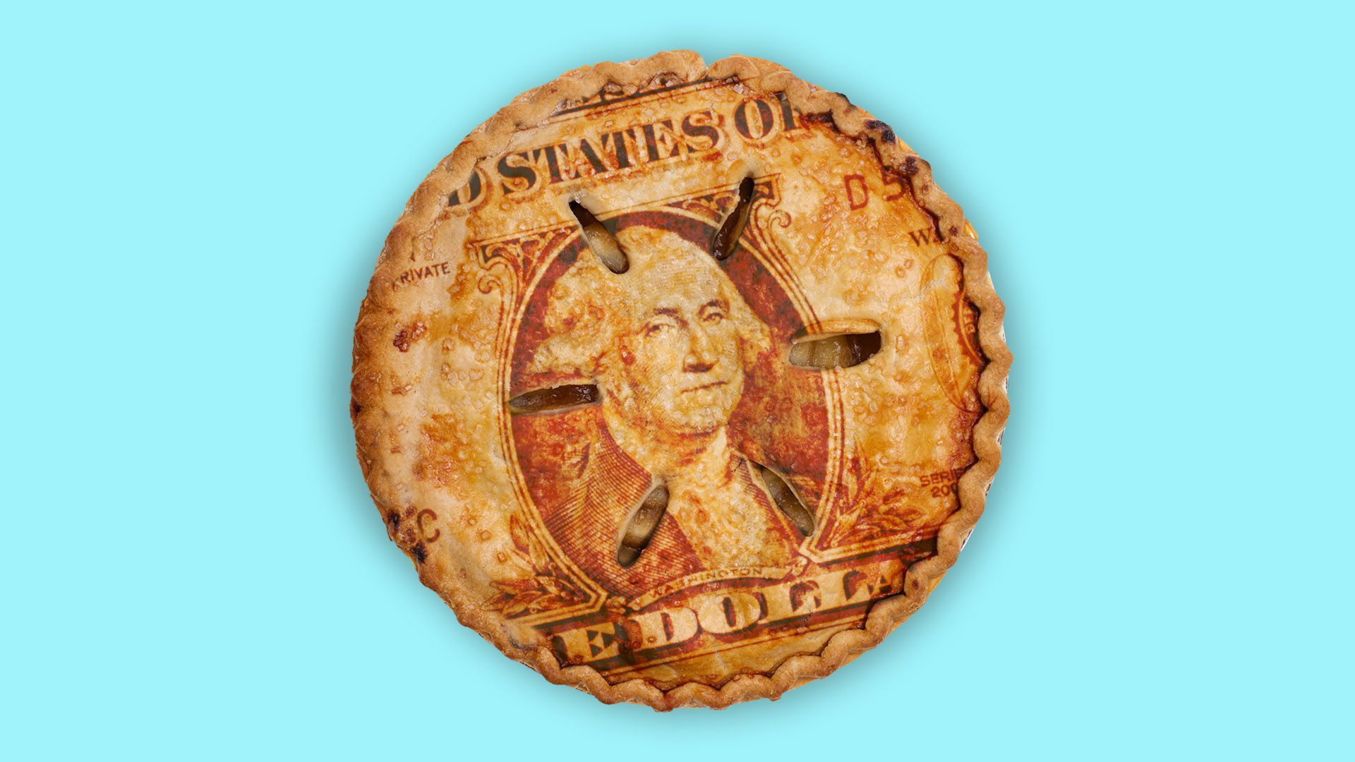 Illustration of a pie with a dollar bill on the crust