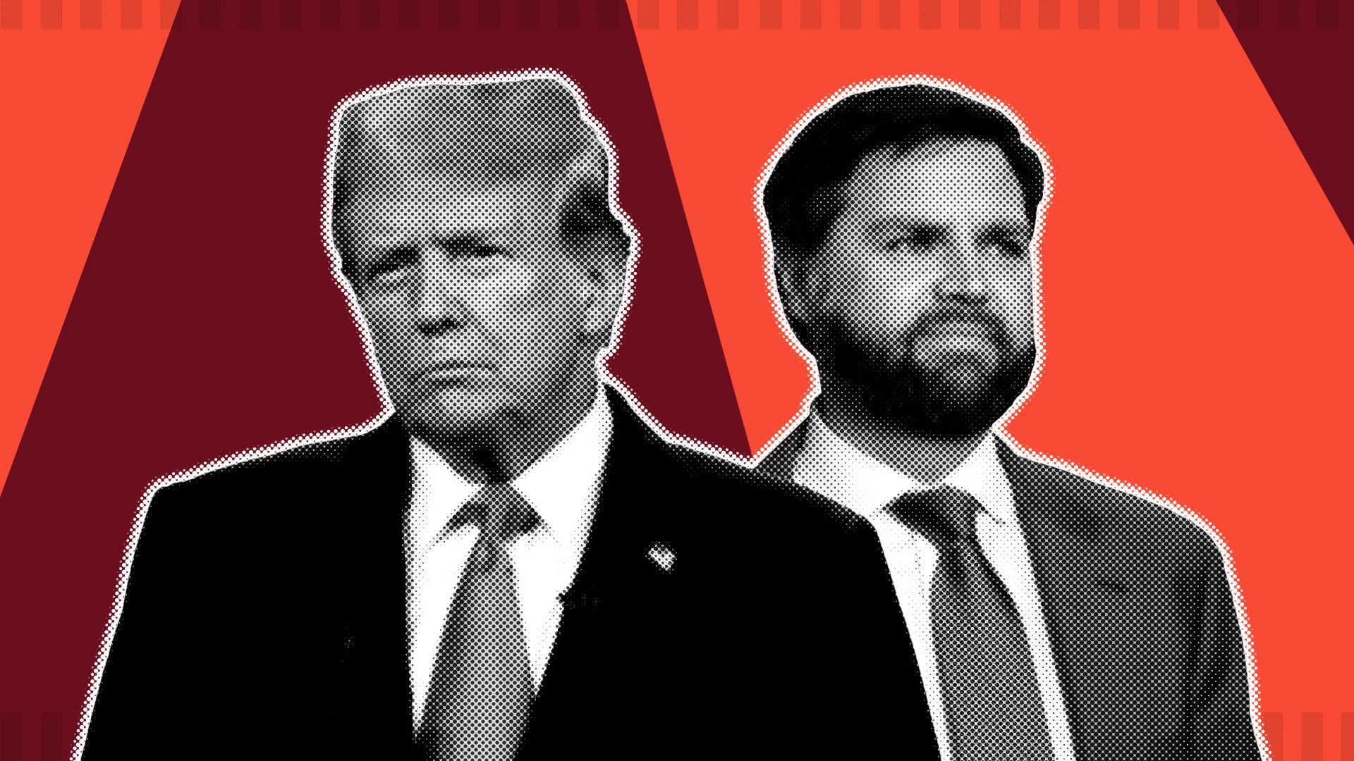 Photo illustration of Trump and J.D. Vance side-by-side, surrounded by graphic, red shapes and scan lines. 