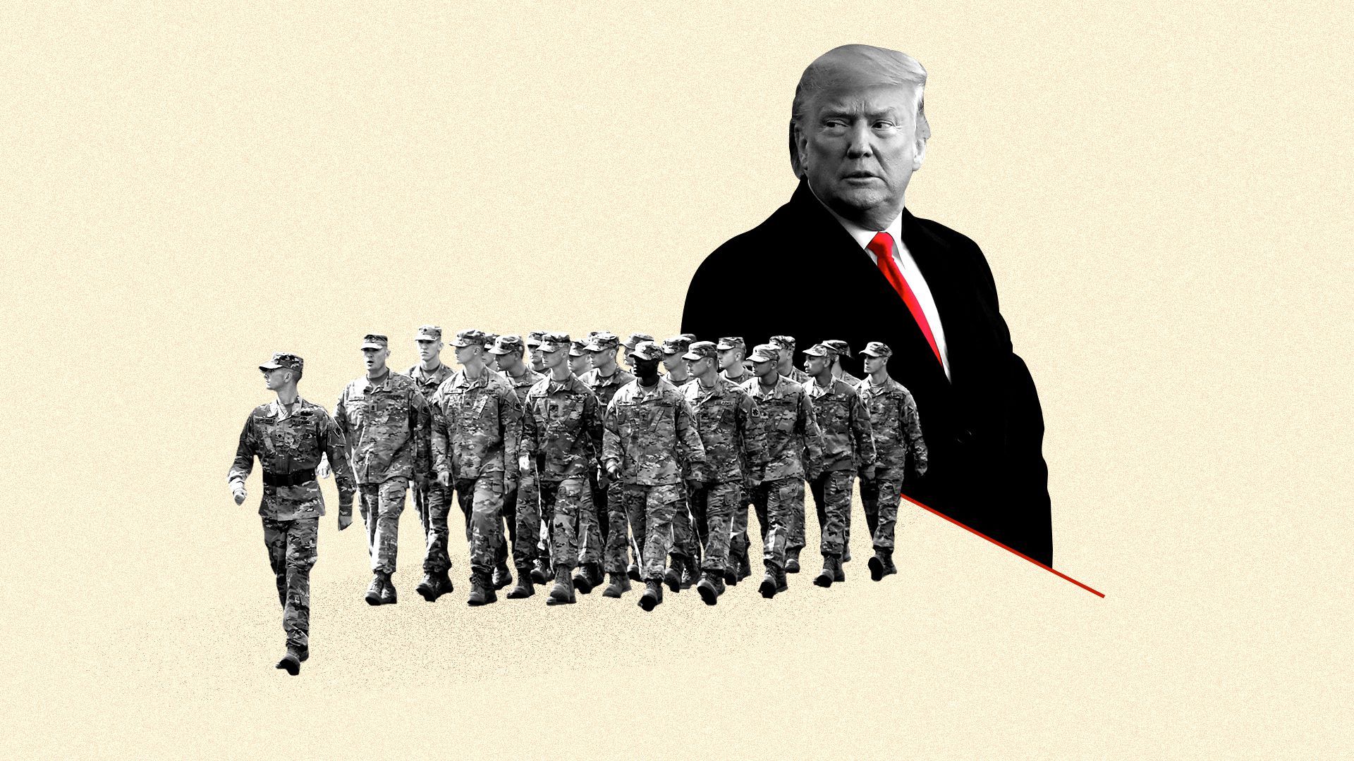 Photo illustration of President Trump and marching soldiers.  