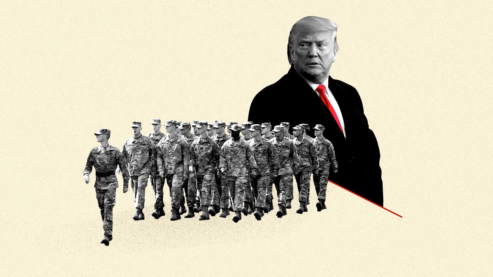 Photo illustration of President Trump and marching soldiers.