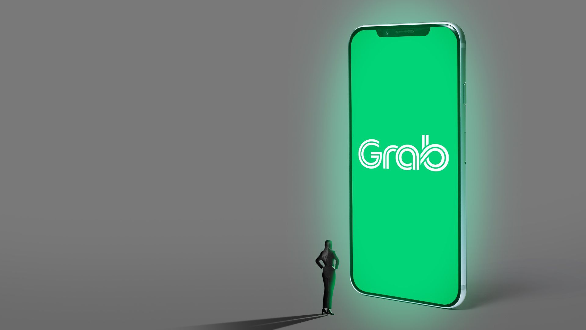 Illustration of a small business woman in front of a huge glowing phone displaying the Grab app logo. 