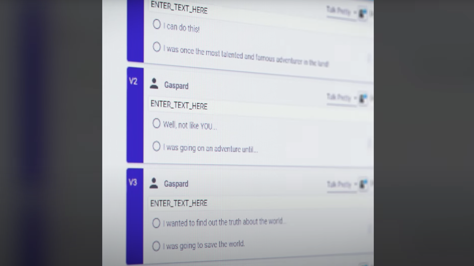 Video still showing a computer program that is displaying a few versions of the same sentence