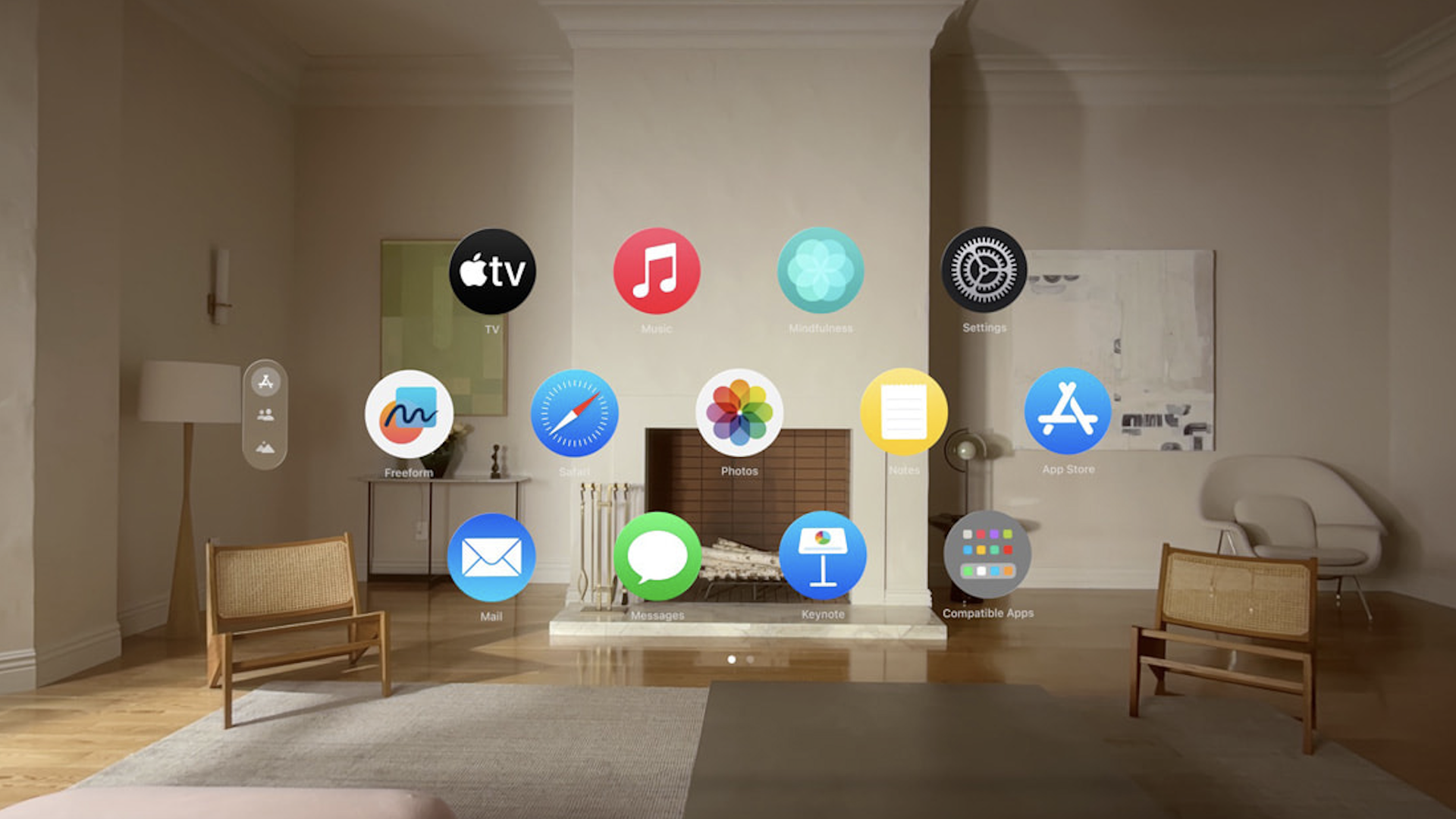 A view from the Vision Pro with a menu of digital icons overlaying pass-through video of a living room. 
