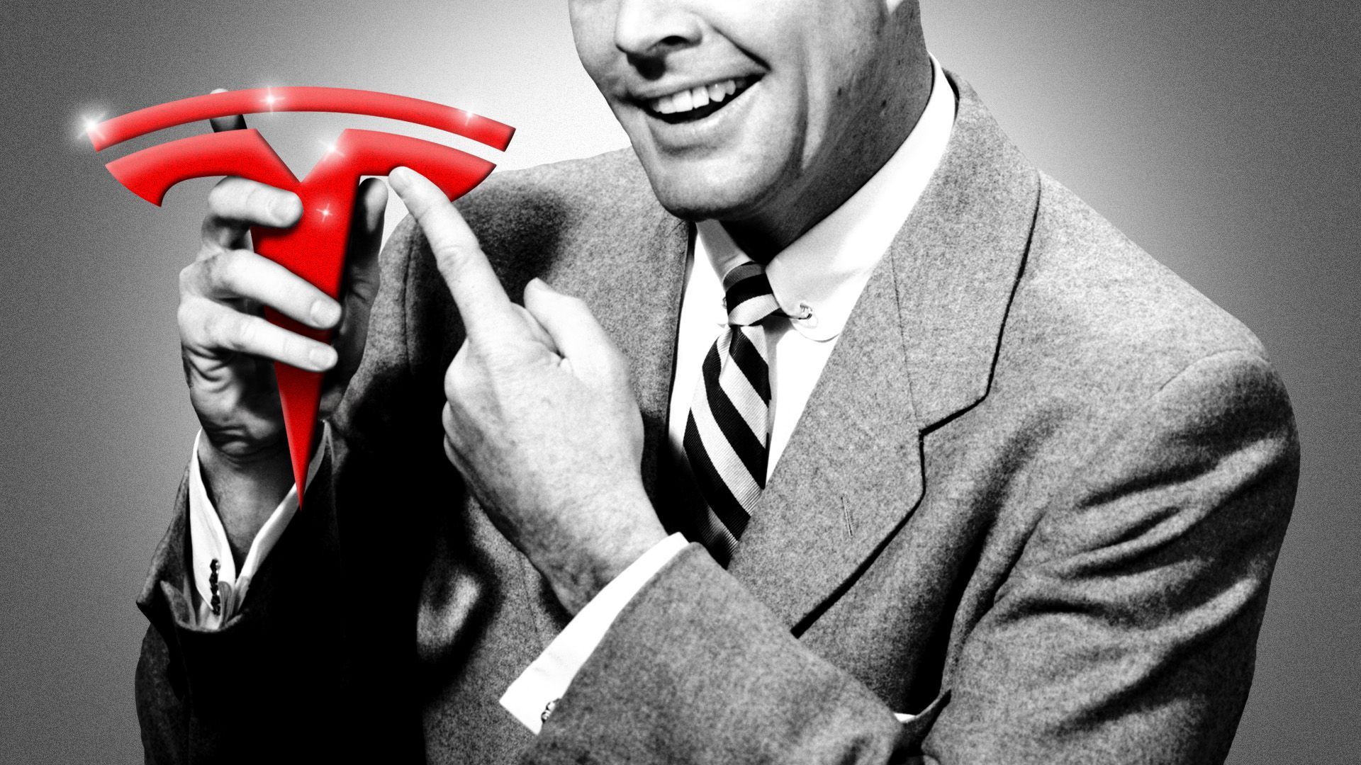 Illustration of a vintage advertisement of a man pointing at the Tesla logo