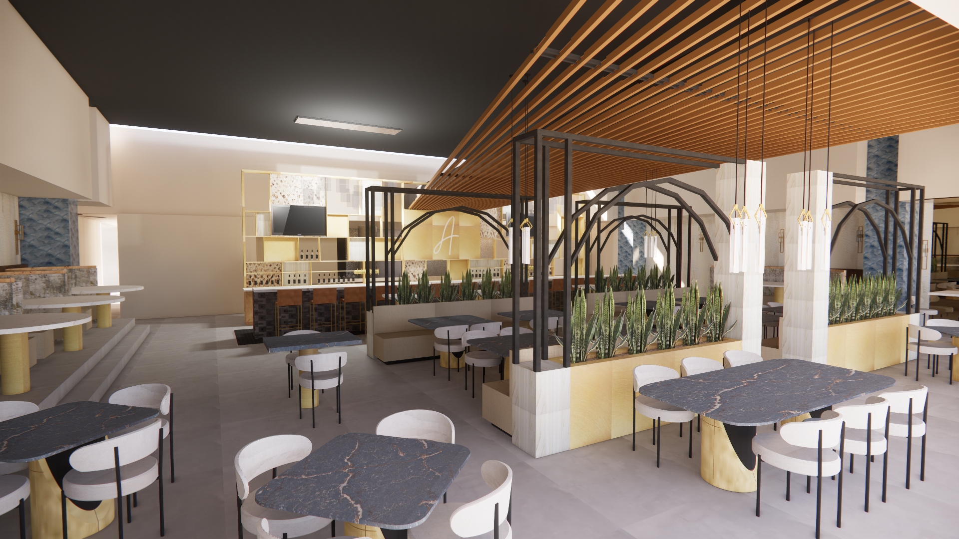 Modern restaurant interior with black marble tables and white chairs, gold accents, green plants in planters, wooden slatted ceiling, and a bar area in the background under soft lighting.