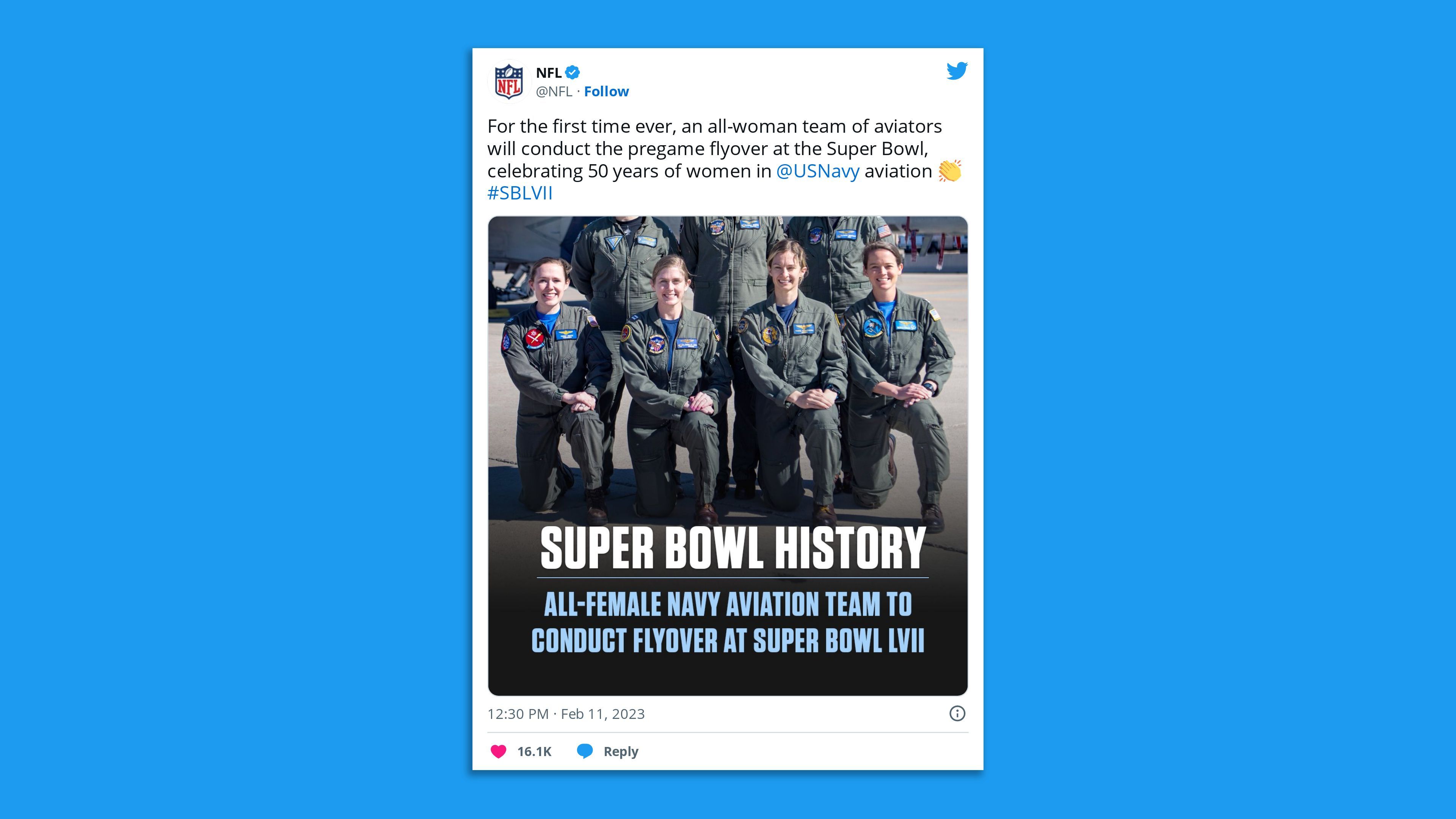 A screenshot of an NFL tweet on the U.S. Navy all-women team of pilots noting for "the first time ever, an all-woman team of aviators will conduct the pregame flyover at the Super Bowl."