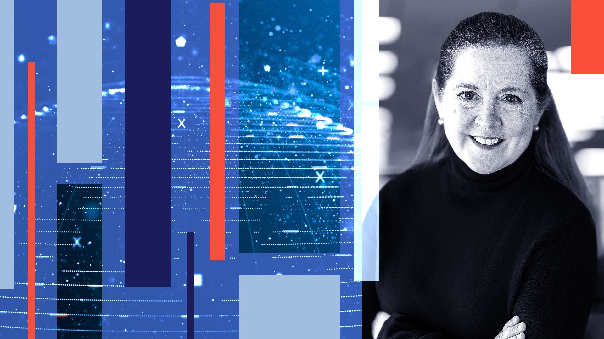 Photo illustration of Kate O'Brian with a digital globe and abstract shapes.