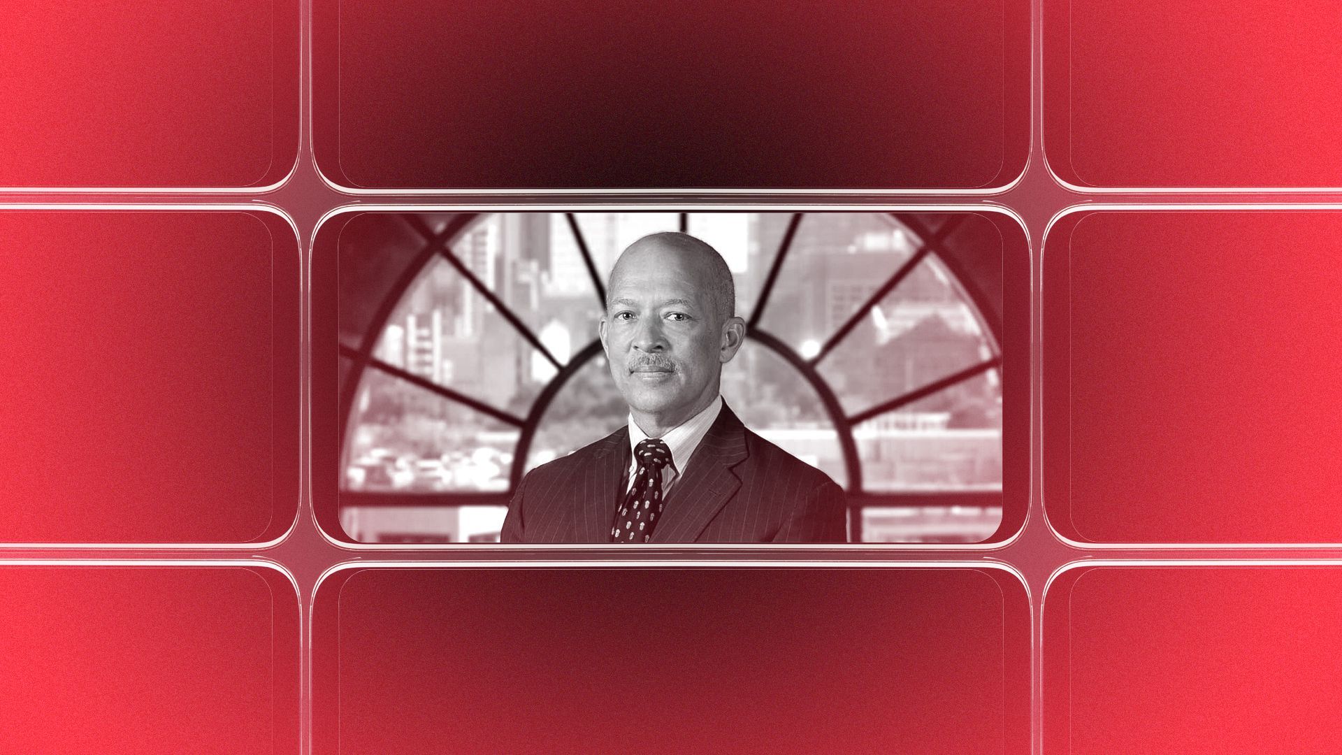 Photo illustration of a grid of smartphone screens, the center one showing an image of John Creuzot.