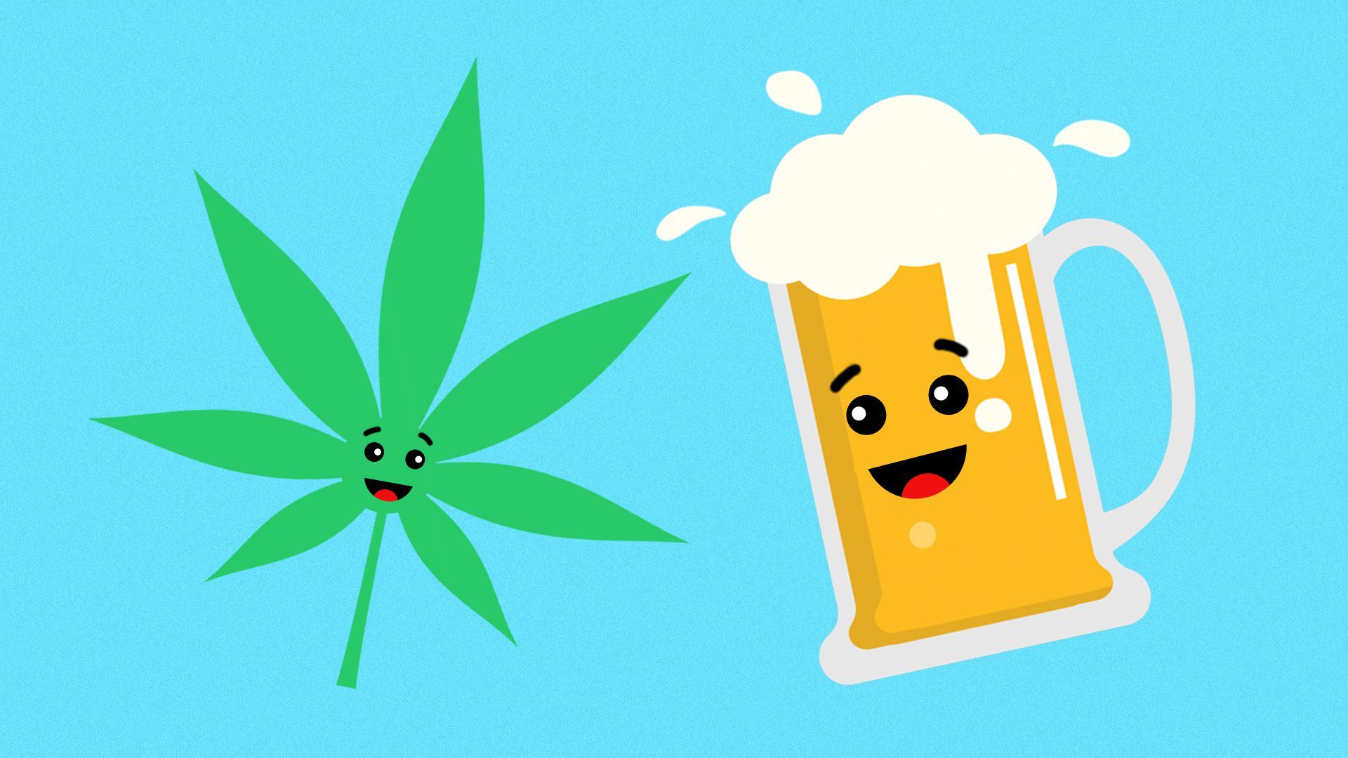 Illustration of cannabis and beer emoji smiling at each other.