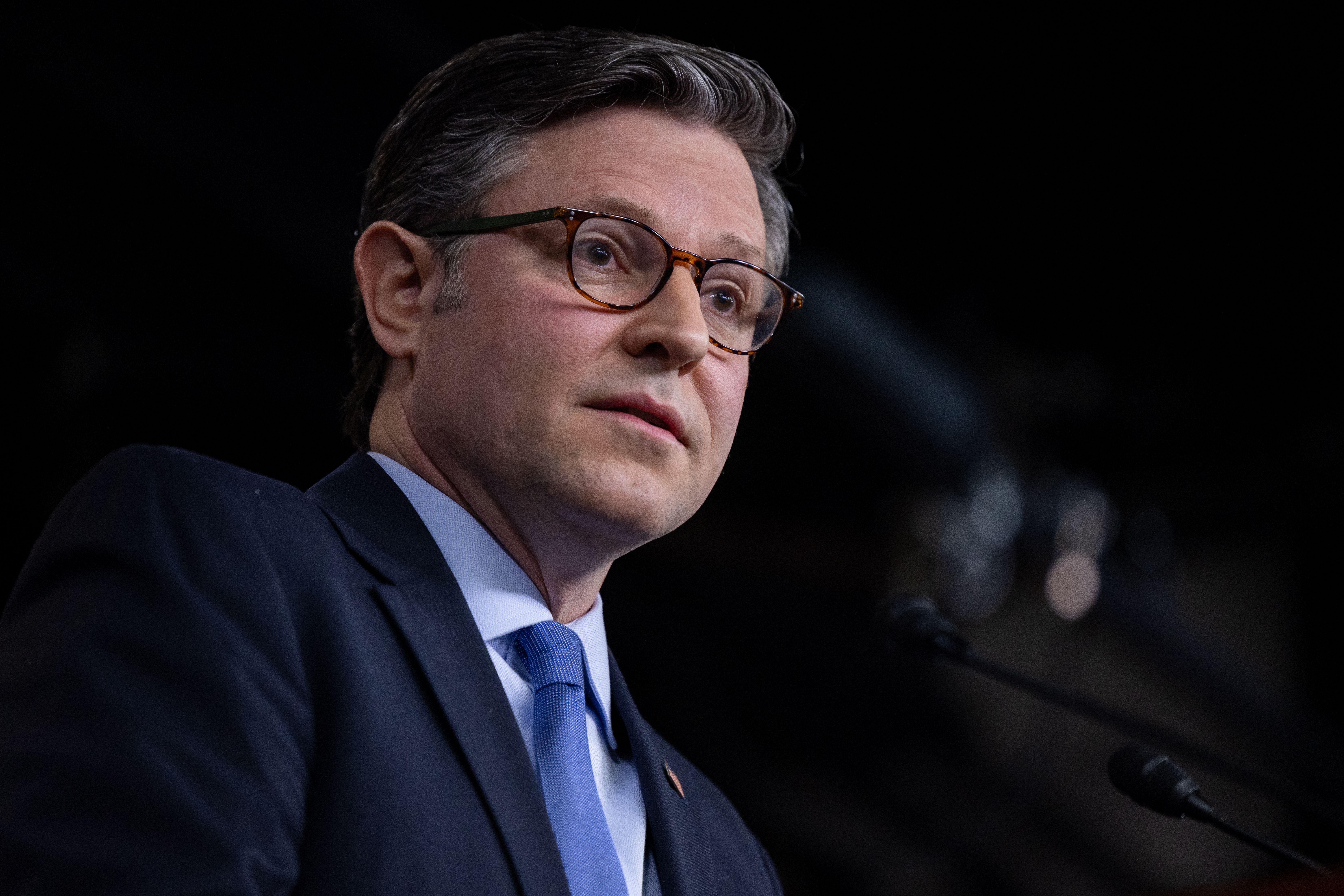 House Speaker Mike Johnson speaks at a press conference with fellow House Republicans in Washington, D.C.