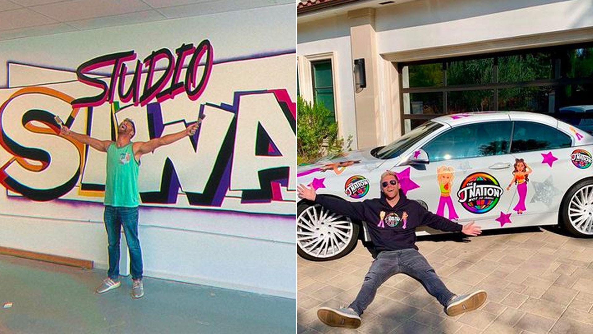 Two side-by-side photos of a Tanner Lee standing with his arms stretched by his designs.