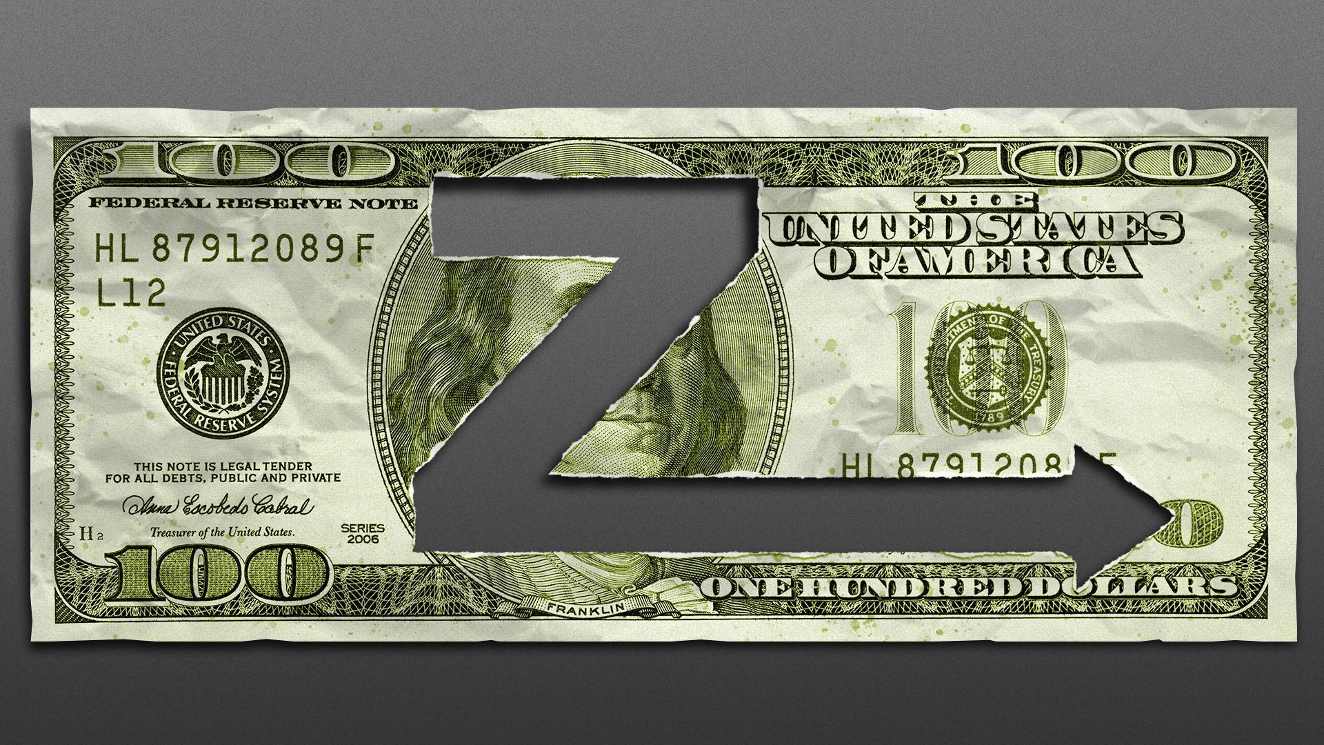 Illustration of a crumpled and dirty 100 dollar bill with a cutout in the shape of a "z" with an arrow at the bottom