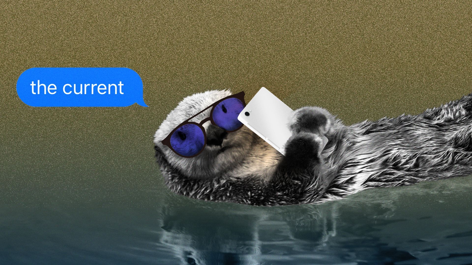 Illustration of an otter reading The Current on his phone while floating down a river.