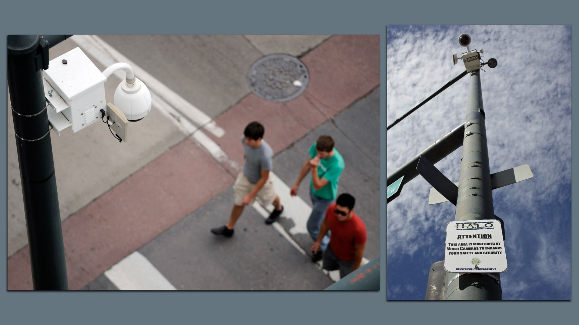 Two urban street scenes with surveillance cameras on tall poles: left shows a white camera housing by a crosswalk and pedestrians; right shows a tall pole with multiple cameras and a warning sign.