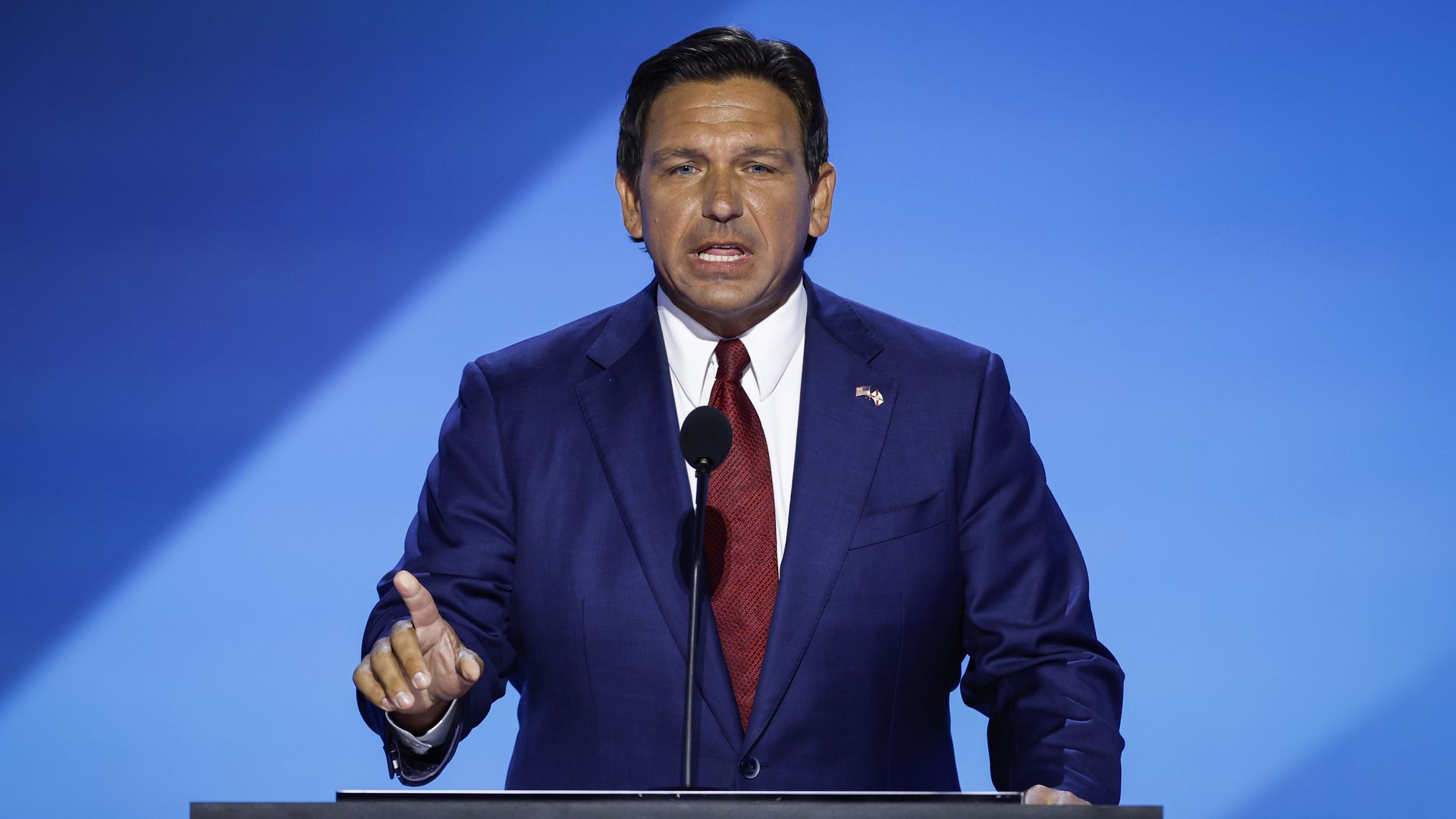 Florida Gov. Ron DeSantis speaks on stage on the second day of the Republican National Convention at the Fiserv Forum on July 16, 2024 in Milwaukee, Wisconsin.