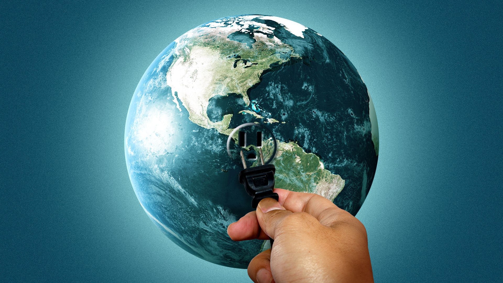 Illustration of someone plugging a power cord into a power outlet on the earth
