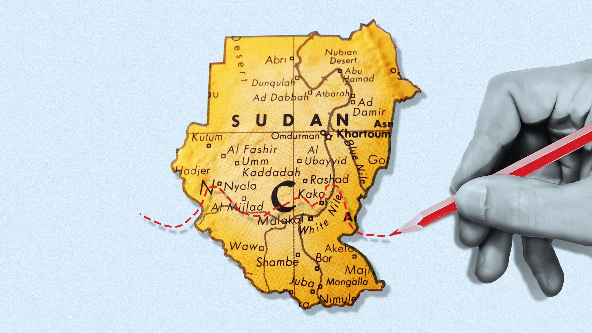 Illustration of a hand drawing a dashed line through a map of Sudan