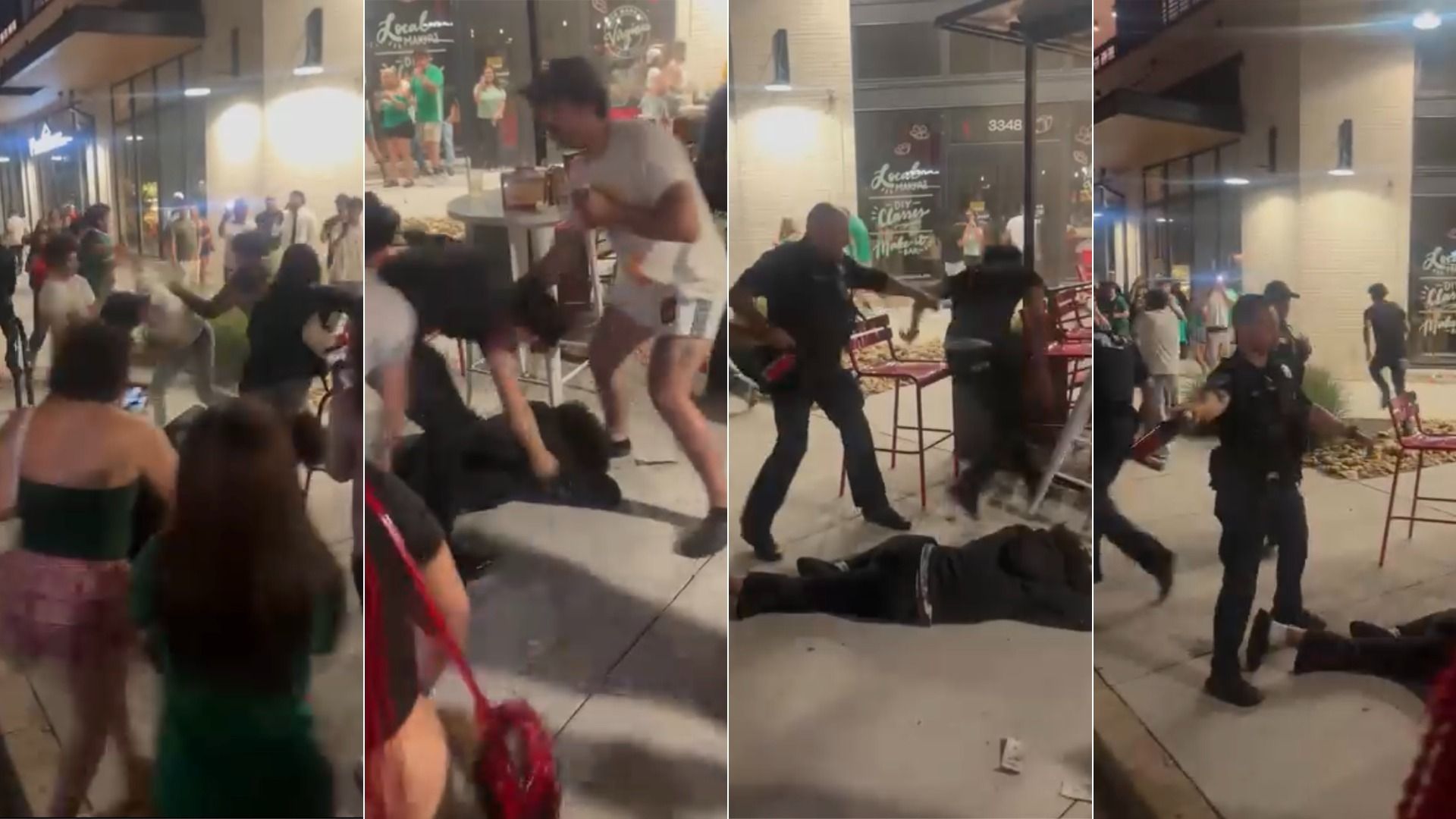 four screenshots of a video showing people fighting and police officers moving people away with a red canister in hand
