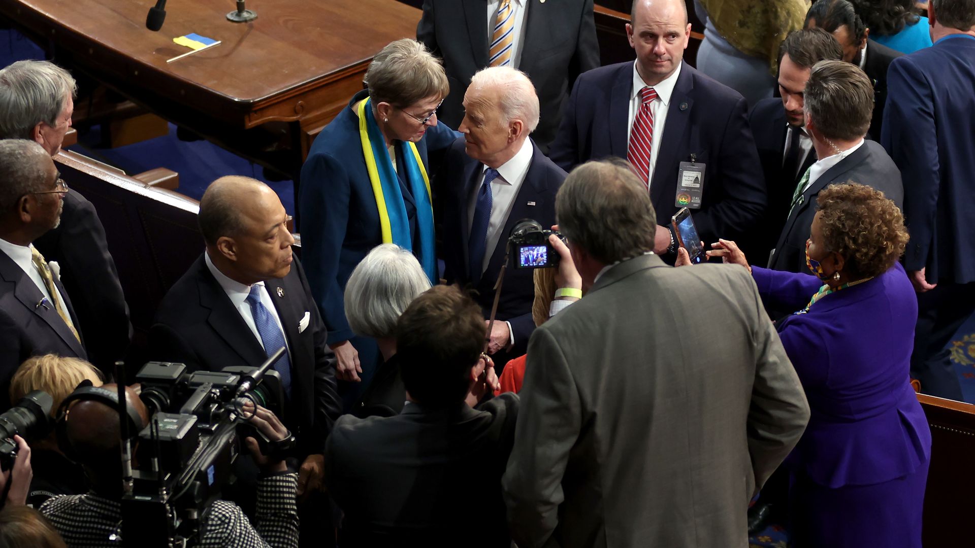 President Biden speaks with Congresswoman Marcy Kaptur after the 2022 State of the Union address.