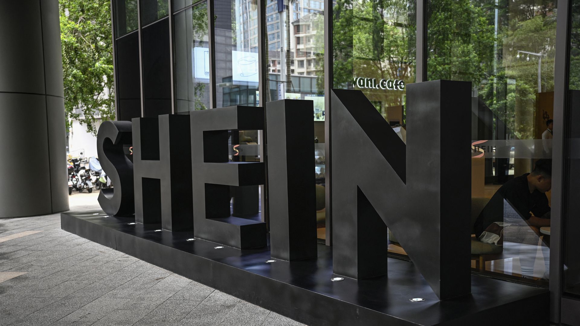  logo of fast fashion e-commerce company Shein outside its office in Guangzhou in southern China's Guangdong province.