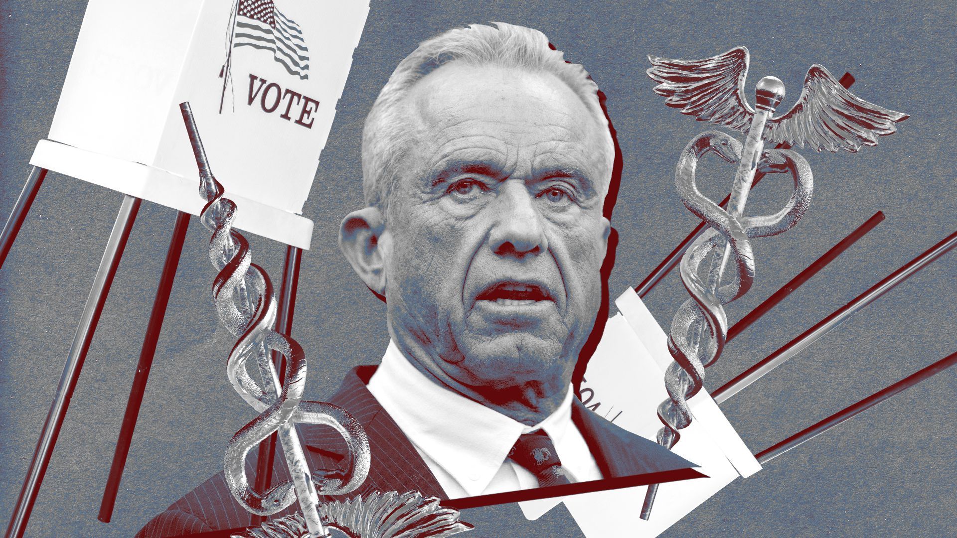 Photo illustration of a collage featuring Robert F. Kennedy Jr. and two voting booths and two caducei on each side of him, at different angles. One of each is upside down and one right side up.