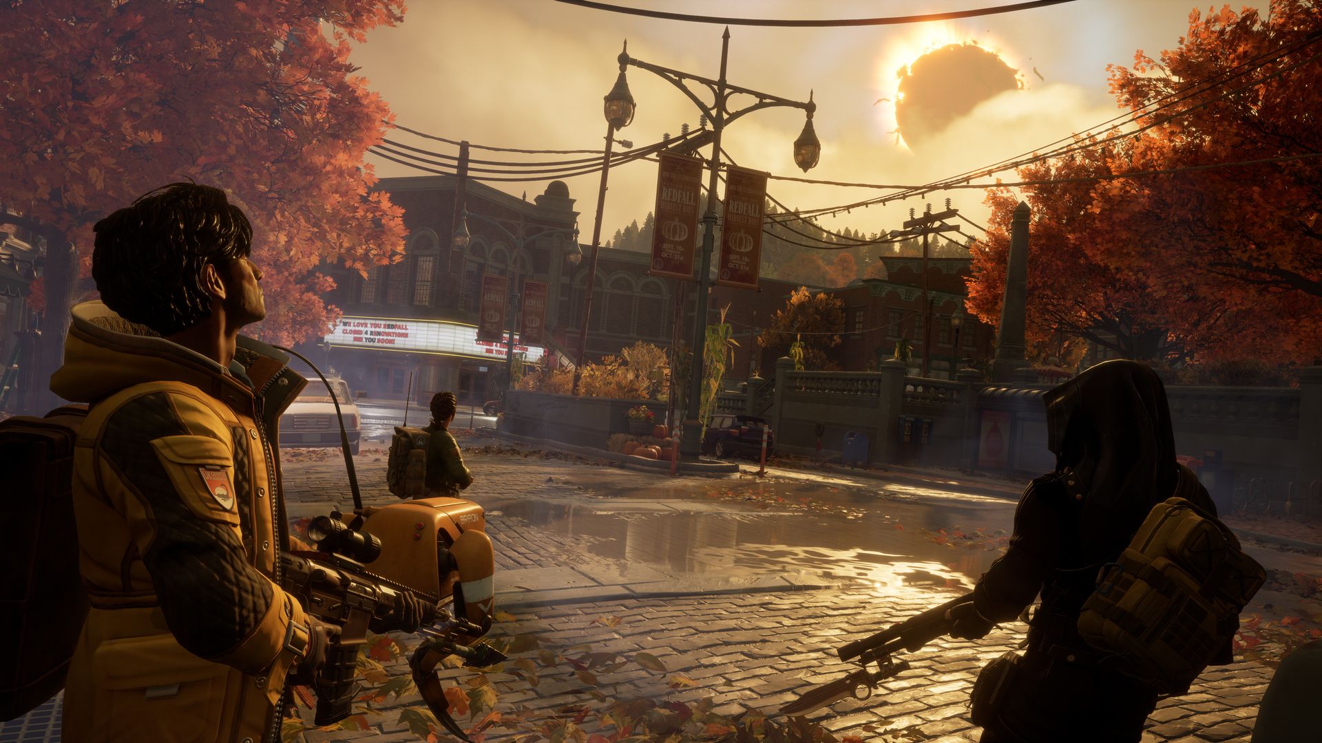 Video game screenshot of civilians with guns in a city looking up at an eclipse