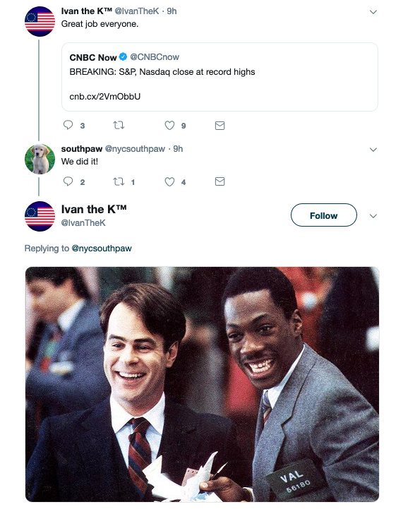 A twitter thread celebrating the S&P 500's latest all-time high.