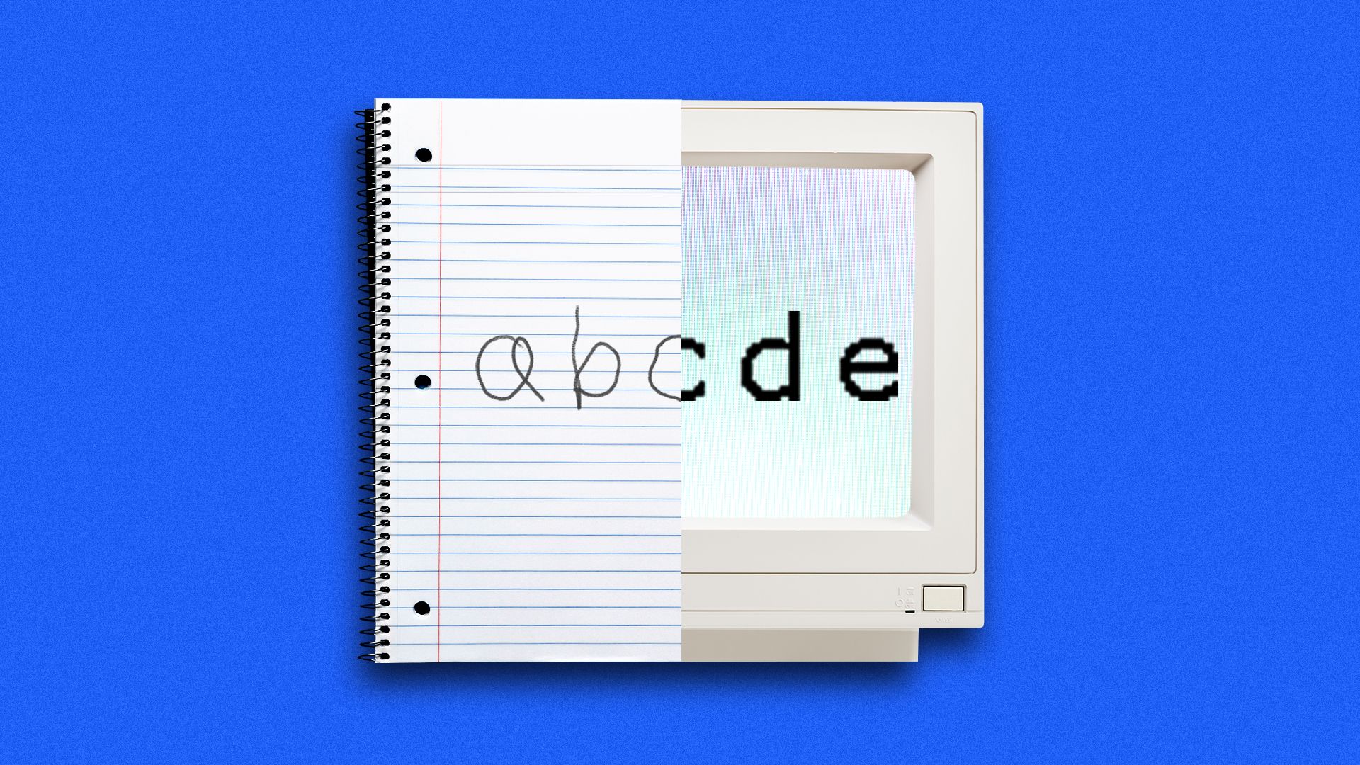 Illustration of a notebook and computer juxtaposed with handwritten and typed abc's on the devices