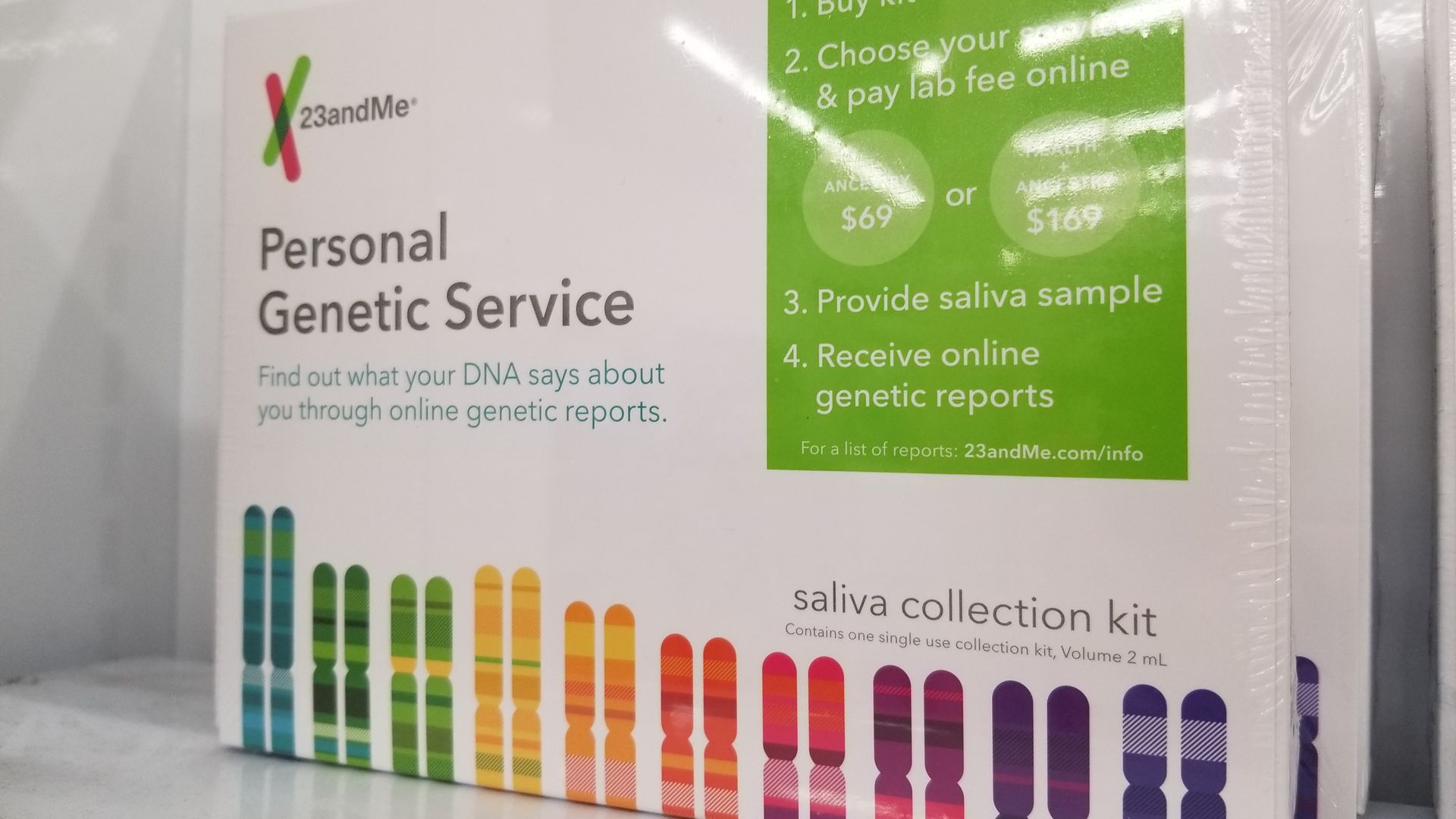 Close-up of collection kit for personal genomics technology company 23AndMe on a retail store shelf, March 18, 2019. (Photo by Smith Collection/Gado/Getty Images)