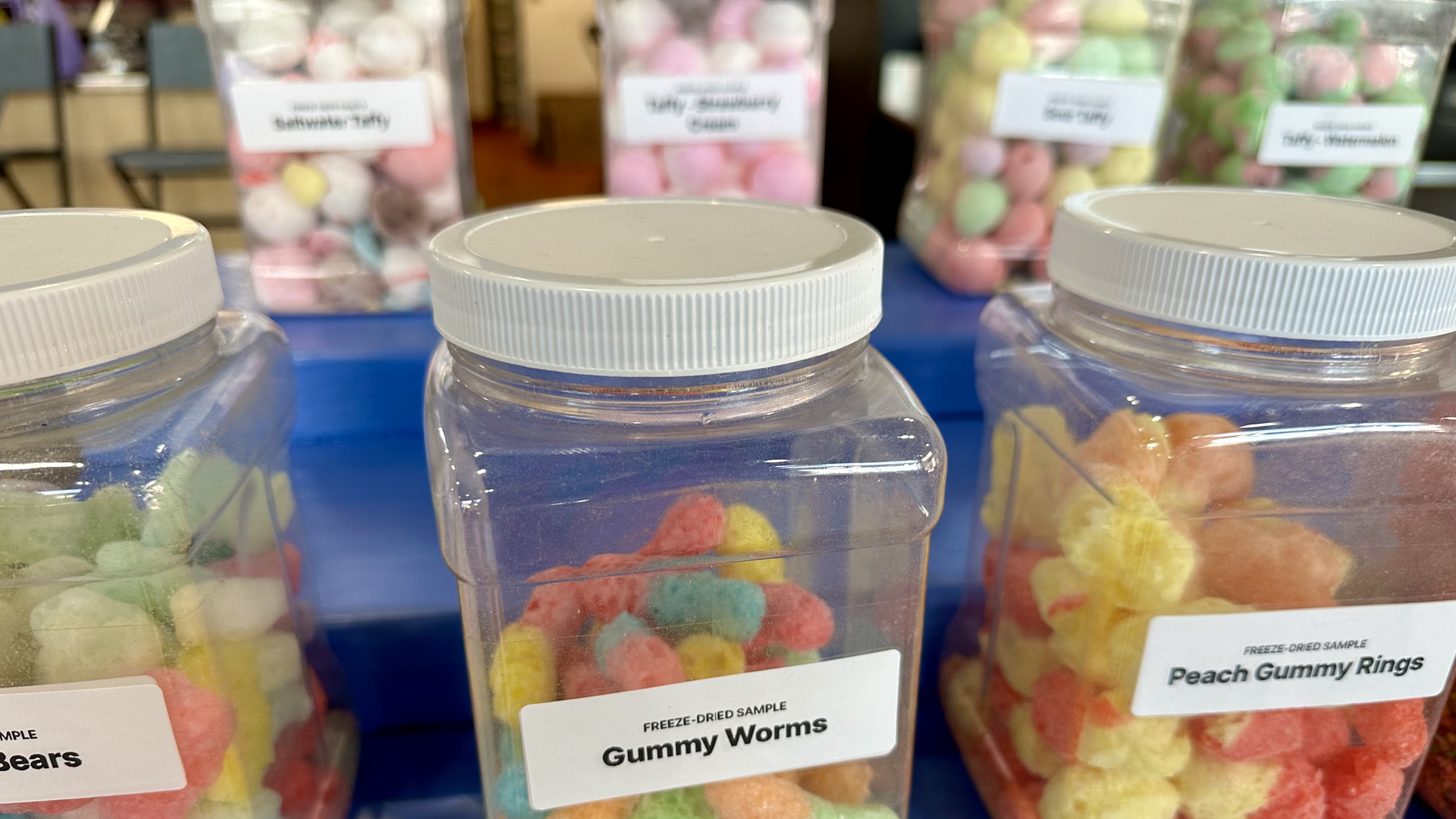 Candy tasting jars at Mile-Hi Sweets & Treats in the Northfield shopping plaza in Denver. Photo: John Frank/Axios
