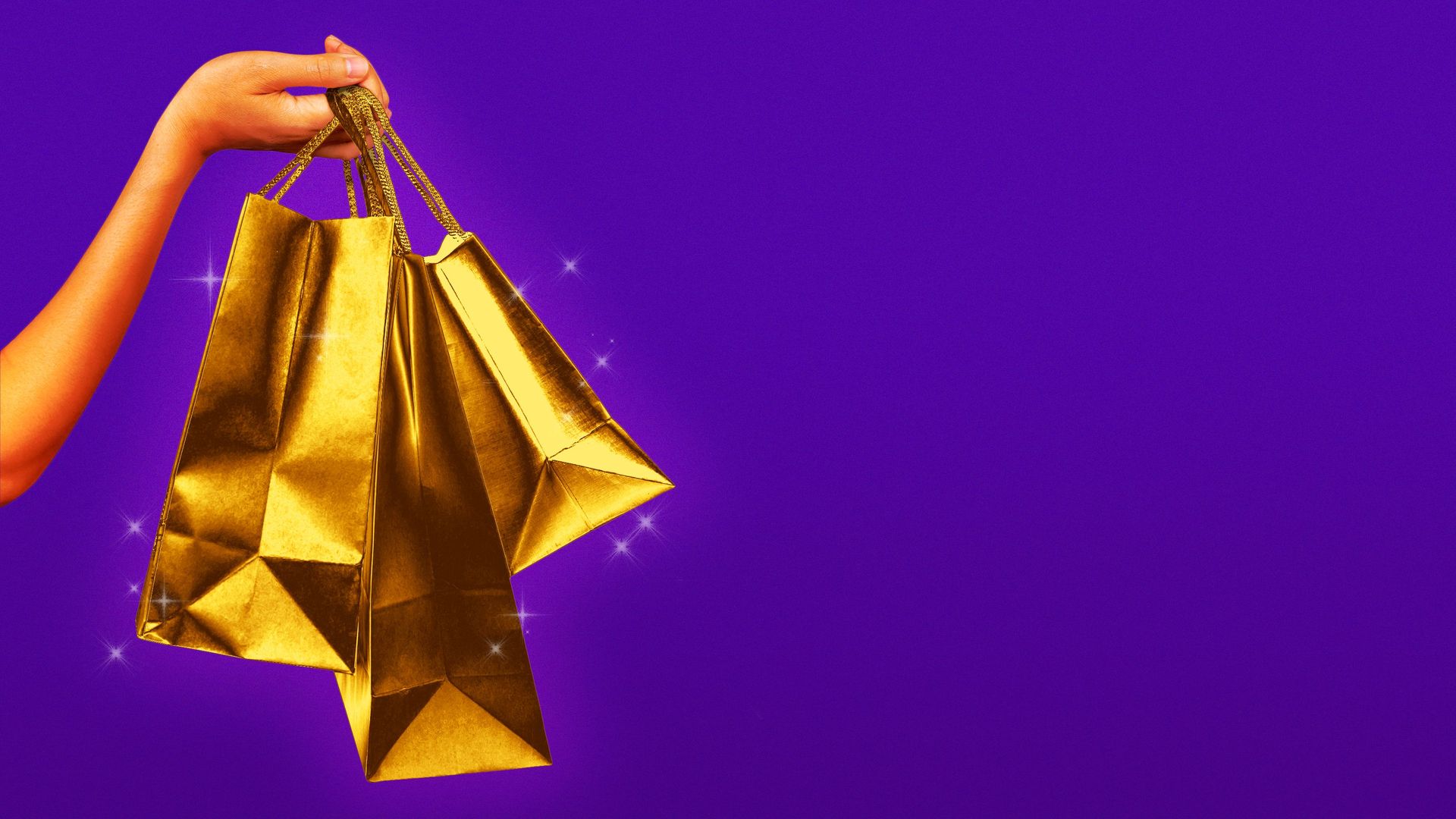 Illustration of a hand holding gold shopping bags.