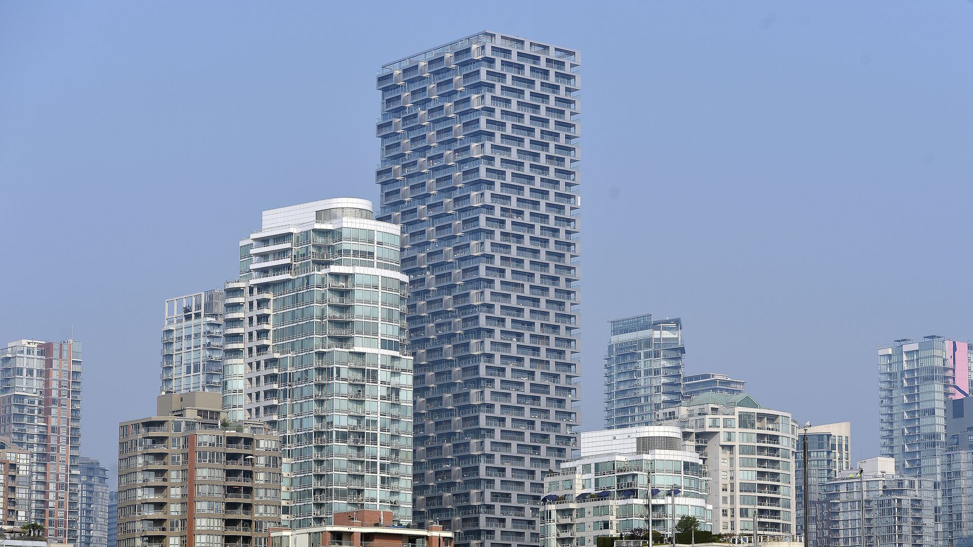 Photo of multiple skyscrapers against a blue sky