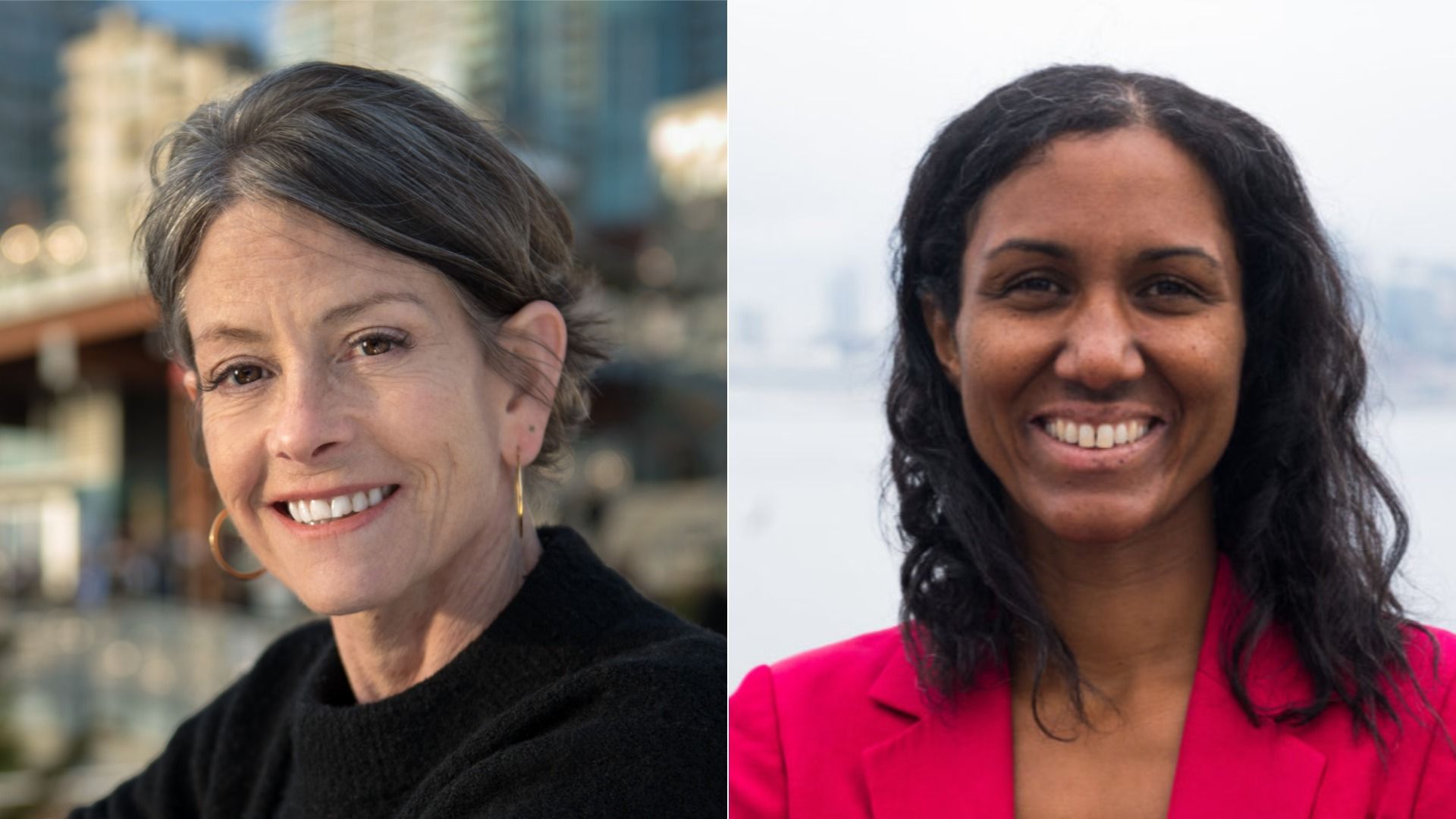 Side by side images of Sara Nelson and Dionne Foster. Nelson, at left, wears a dark top and gold hoop earrings against a blurred city background. Foster, right, wears a red blazer and stands in front of a cloudy background of water and city buildings.