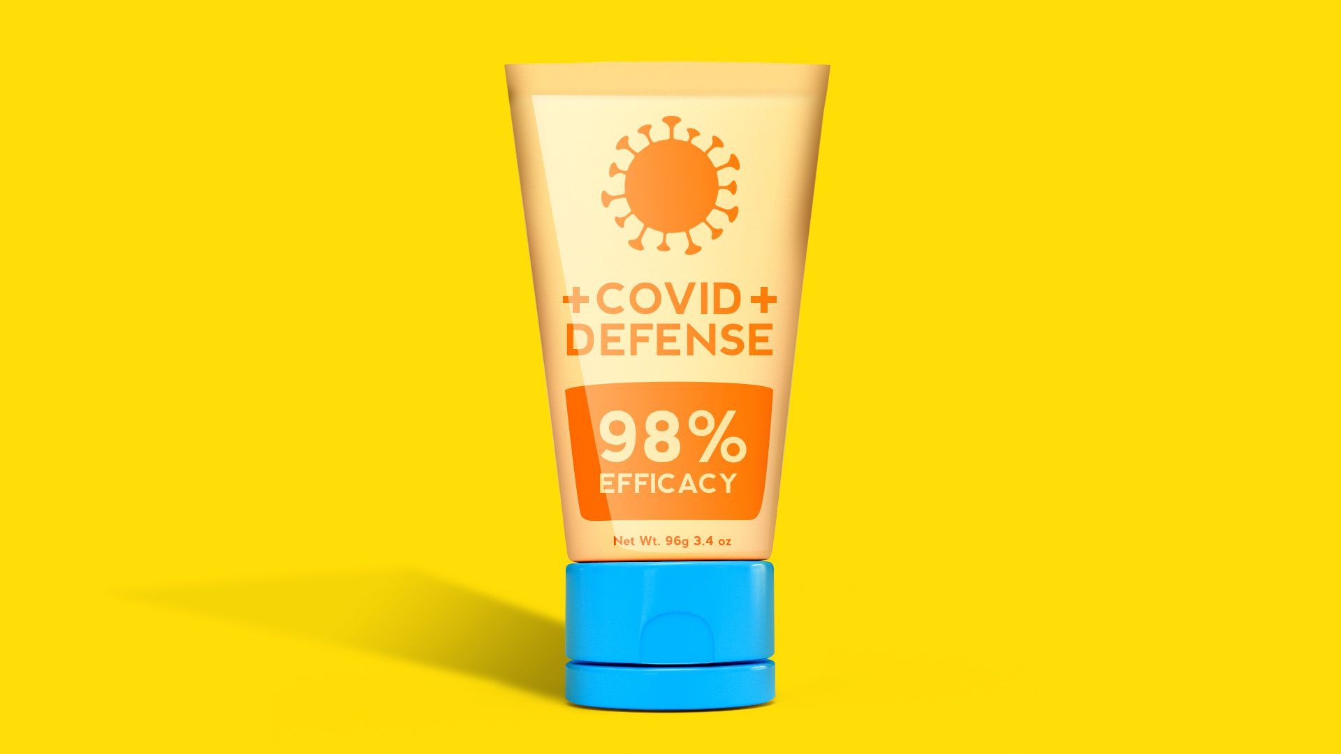 Illustration of a sunscreen bottle spoofed to be a COVID defense cream. 