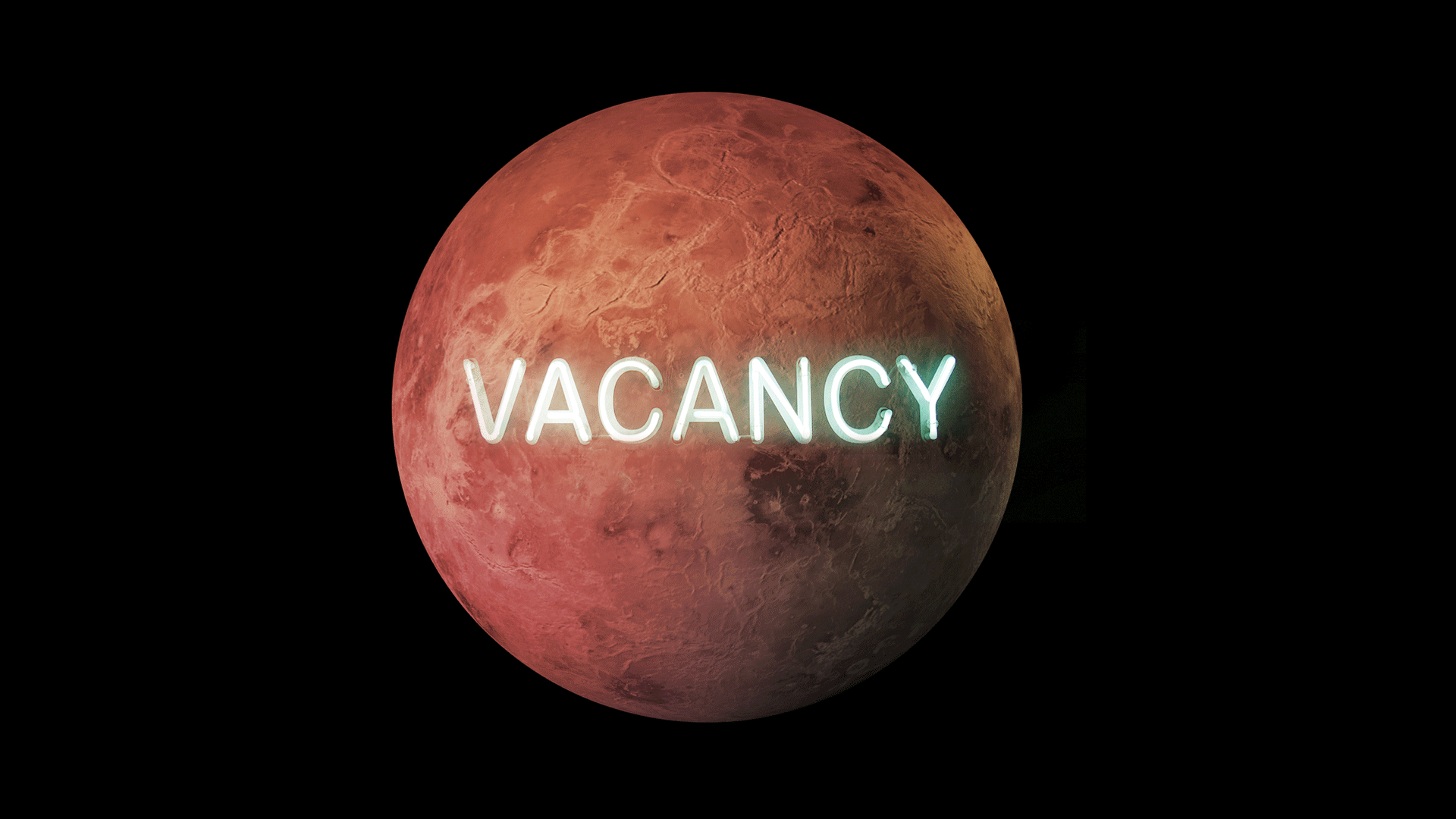 Animated illustration of a planet with a blinking neon vacancy sign