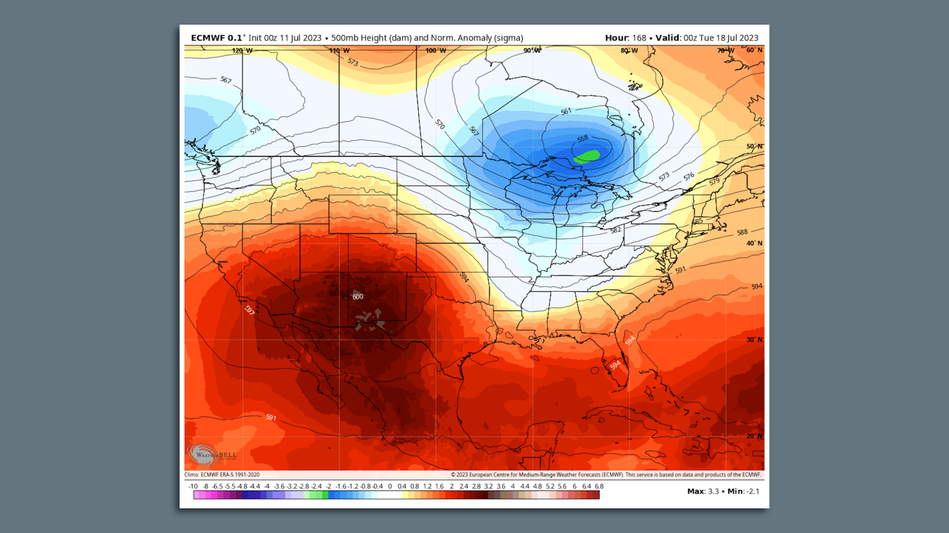 Computer model image of a heat dome sprawled out from Florida to California on July 18.