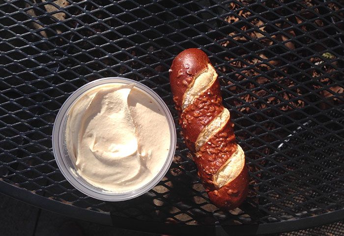 kabob grill hummus with pretzel roll