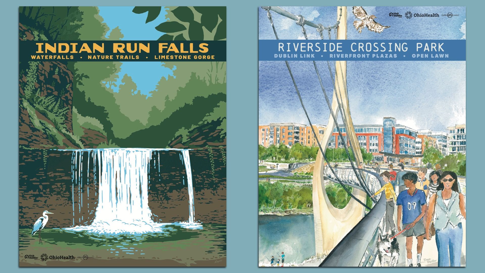 Two poster covers on a teal background: left, "INDIAN RUN FALLS" with a waterfall amid a green canyon; right, "RIVERSIDE CROSSING PARK" showing a bridge, river, city blocks, and people.