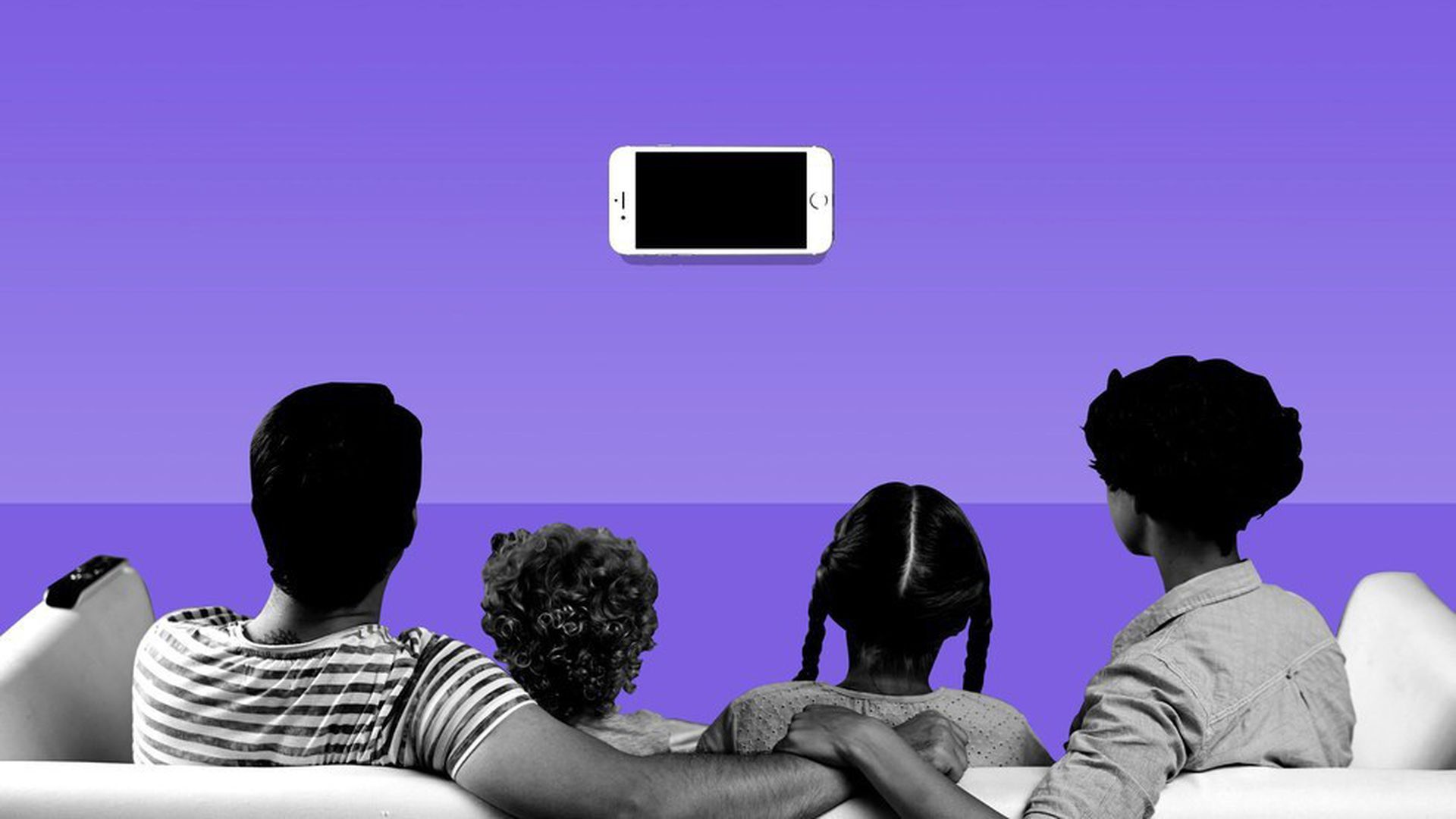 Illustration of family on couch looking at an iPhone stuck to the wall instead of a TV