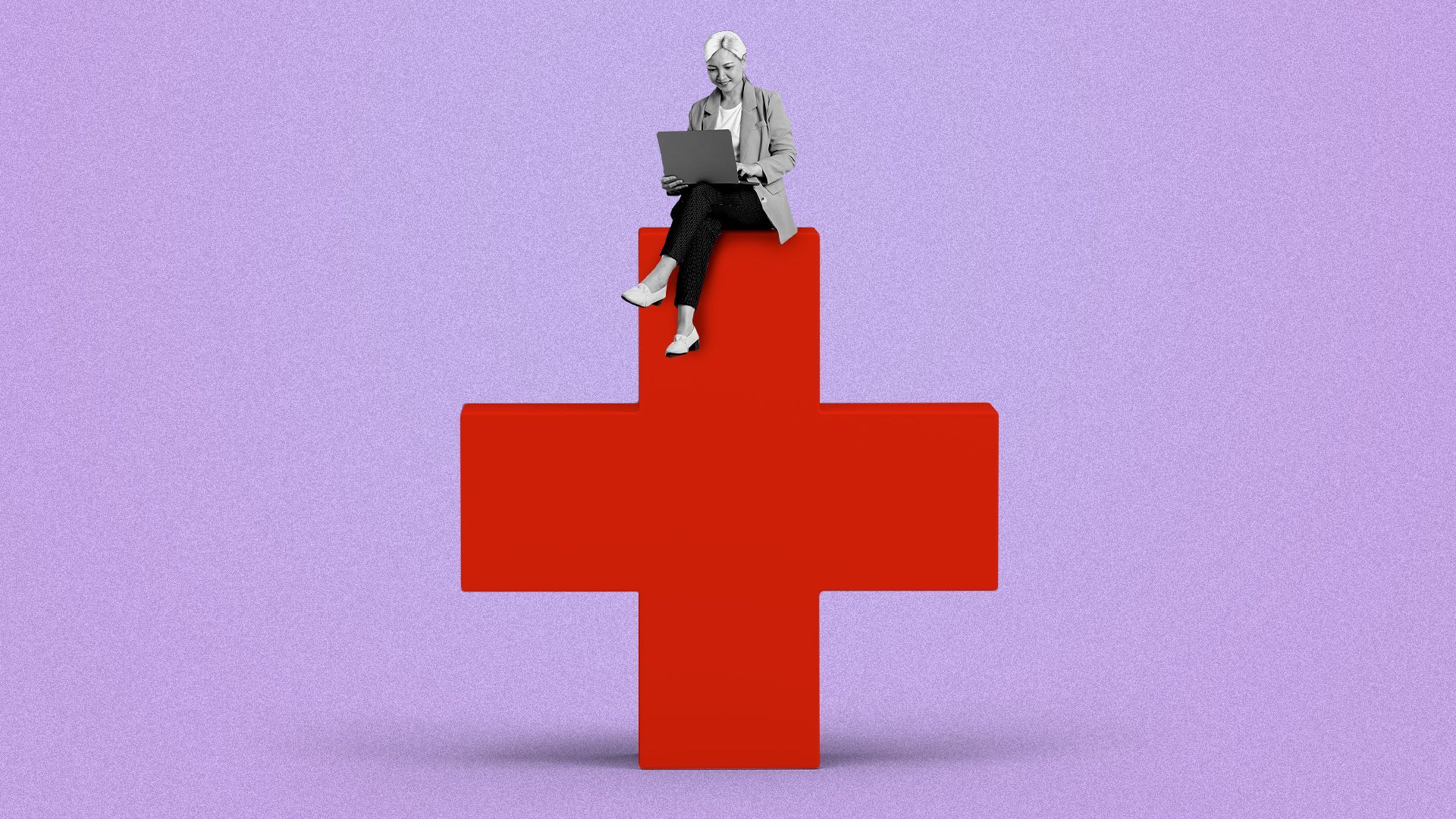 Illustration of a middle aged women working on a laptop and sitting on a giant health plus. 