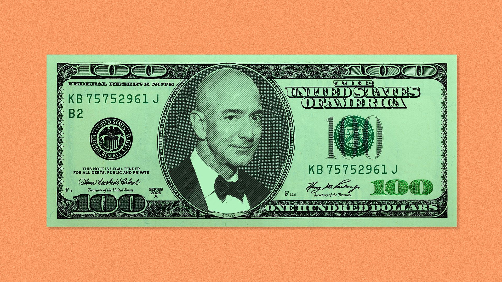 Illustration of Jeff Bezos on a hundred dollar bill.