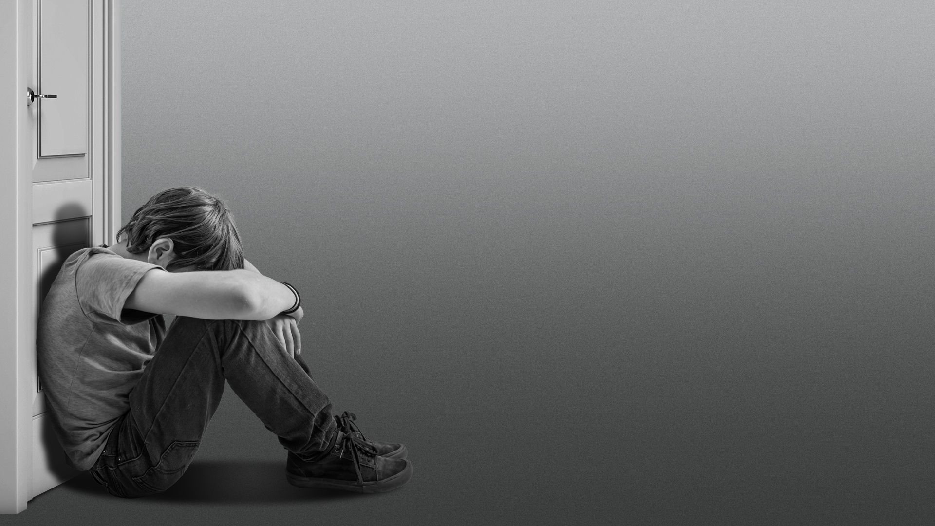 Illustration of a sitting child with his head bowed down leaning against a closed door